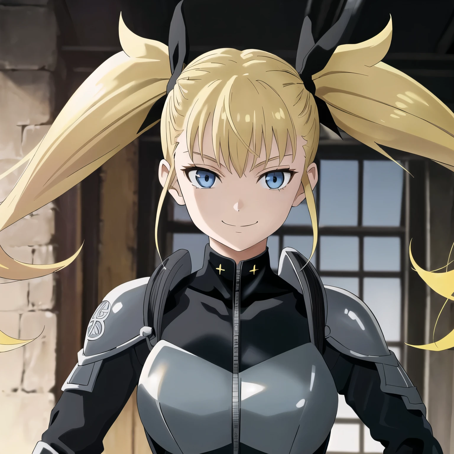 (masterpiece, best quality, very beautiful, very detailed), 1 girl, yellow hair in twin tails, black ribbon barrette, blue eyes, black bodysuit, holding sword, looking at camera, face close-up, smiling