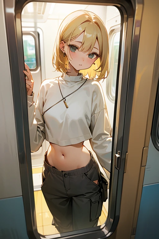 Beautiful woman、White cotton sweatshirt、Oversized loose cargo pants、Medium hair、Earrings、Blonde、on the train、、slender、low length、Black innerwear、Her belly button is just a little visible、POV、Subjective、toilet、Close Contact