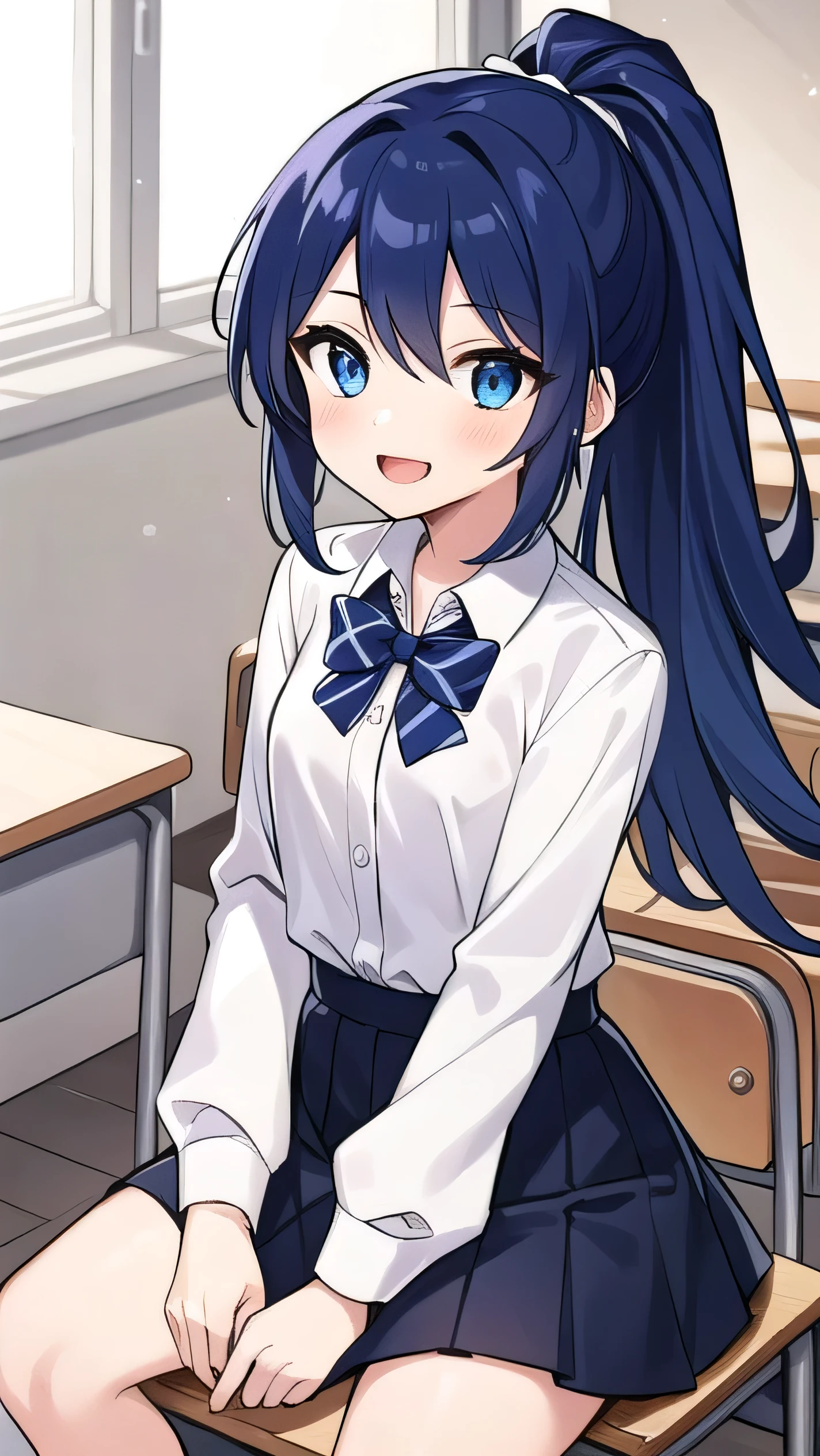Blue-purple hair, dark blue eyes, long hair, ponytail, hairpin, ,small breasts,long-sleeved , classroom, middle school student, , short, round eyes, sparkling eyes, owns a mobile game console, confident, a little laughing