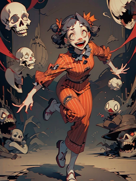(Brutal horror、Dark and spooky atmosphere)、White and blue outfit、Gruesome and spooky details、An atmosphere full of suspense and tension、Psychological horror、Cute Smile、Mysterious and unsettling atmosphere、A terrifying moment、Unforgettable、Cute ass、Nightmare scenario、The twisted madness of a murderer、Smiling clown、bright red nose、Open costume、Dramatic lighting effects、Striped shirt、Big shoes、Enthusiastic atmosphere、Mischievous Smile、Expressive gestures、Comical movement、Circus Tent、Festive mood、Exciting performance、Written by Hirohiko Araki、Ukiyo-e、