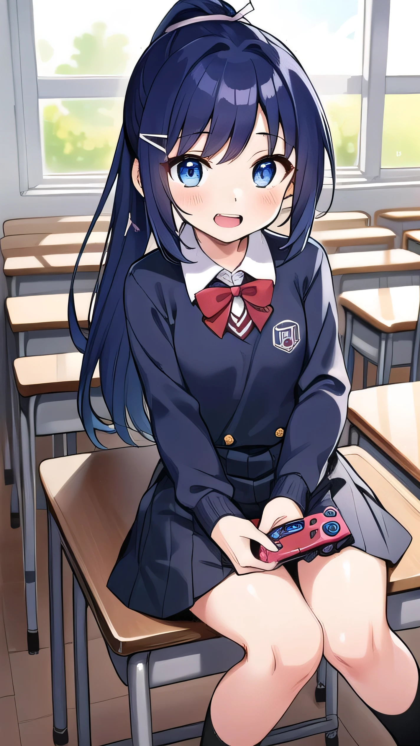 Blue-purple hair, dark blue eyes, long hair, ponytail, hairpin, ,small breasts，long-sleeved , classroom, middle school student, 14 years old, short, round eyes, sparkling eyes, owns a mobile game console, confident, a little laughing