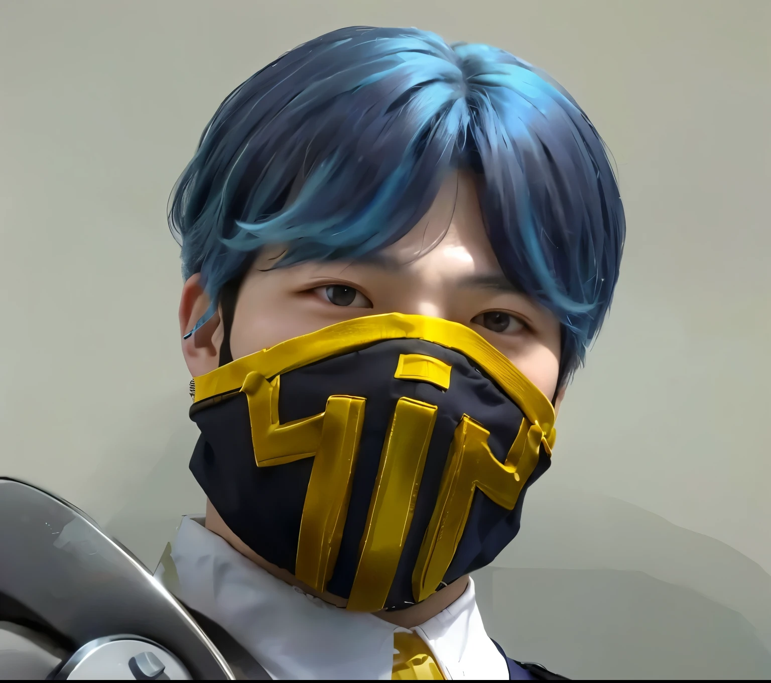 korean man with dark blue hair wearing a dark blue and gold lined face mask
