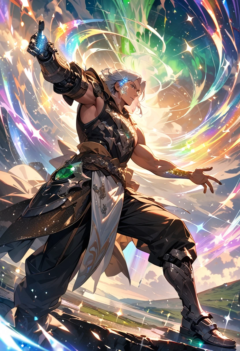 (masterpiece, best quality:1.1),
(ultra highres, ultra-detailed:1.2) ,(male Warrior with a mechanical right arm),middle age,detailed face,silver aura,divine,beautiful effects,Background:Ireland,dynamic angle,(Glitter:1.1) ,(white sparkle:1.5) ,whole body,