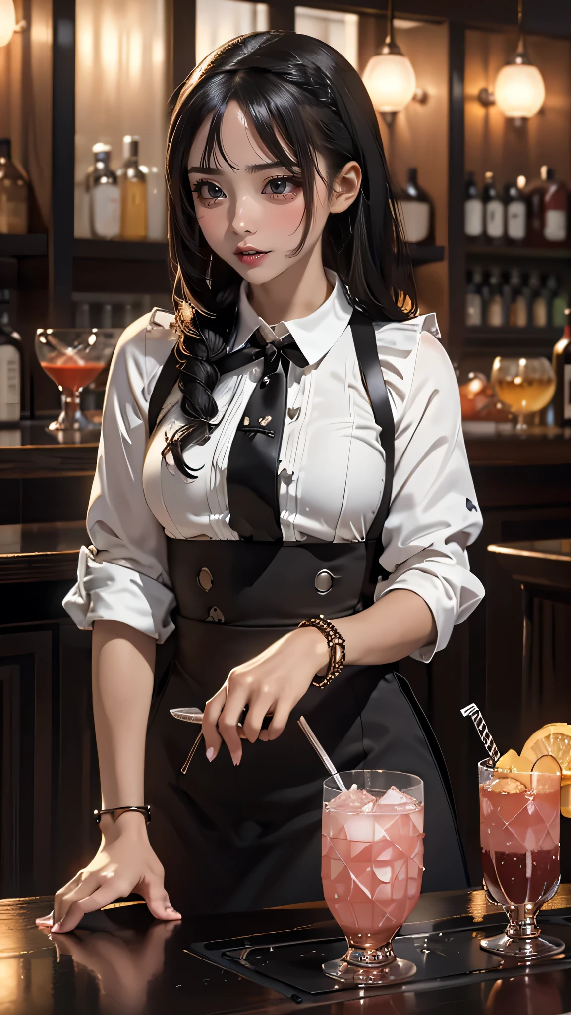 (hotel bar counter,female bartender,(Shake a cocktail using a shaker)),white blouse,(ebony skin:1.5),(Thin type:1.8),(big breasts),(random hairstyle),(Highest image quality,(8k),ultra-realistic,best quality, high quality, high definition, high quality texture,high detail,beautiful detailed,fine detailed,extremely detailed cg,detailed texture,a realistic representation of the face,masterpiece,Sense of presence)