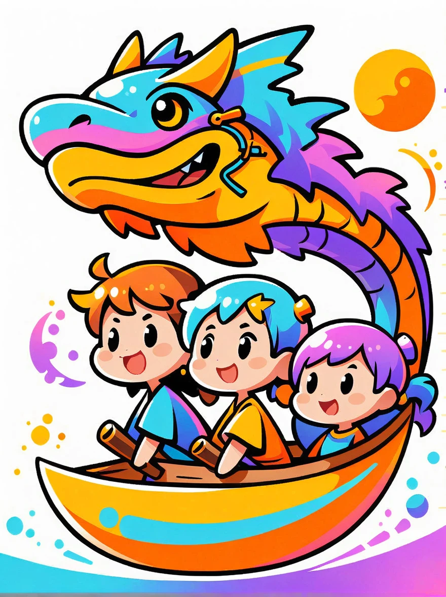 (flat, user interface vector style), heavenly colors, Illustration style, three young people rowing dragon boats in an illustration in the style of a cartoon with a white background and elements of the Dragon Boat Festival in China, Cartoon cute dragons drawn in the style of simple lines and illustrations,simple lines, colorful colors,Flat illustration,vector graphics,minimalist, (simple illustration), (smooth line art), (minimalism), white background, (graphic design aesthetics), (flat illustration), (Plane illustration)