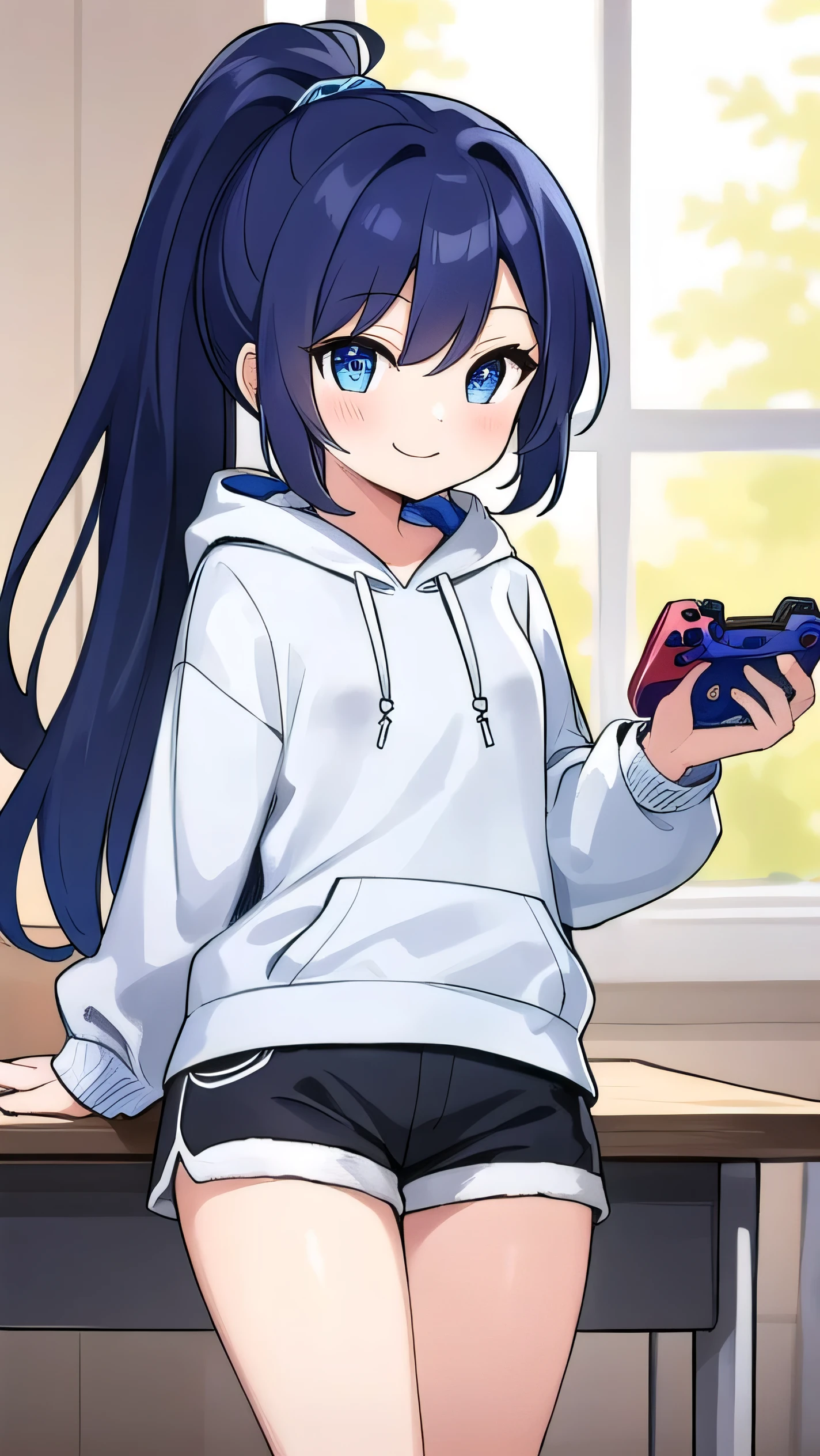 Blue-purple hair, dark blue eyes, long hair, ponytail, (hairpin:1.1), long-sleeved hoodie, ,small breasts,shorts, middle school student, 14 years old, short, round eyes, sparkling eyes, owns a game console, confident, smiling a little There is