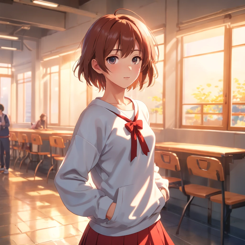 ((of the highest quality, 8K,Raw photo)), (Realistic, Photorealistic: 1.37), (Face Focus: 1.1), Small breasts, flat chest, Short hair, A Japanese Lady、High school students、Japan 、(white sweatshirt: 1.1)、Skirt, Sunlight, Movie Lighting,up、red blush、pounding、Wall Don、bow ribbon