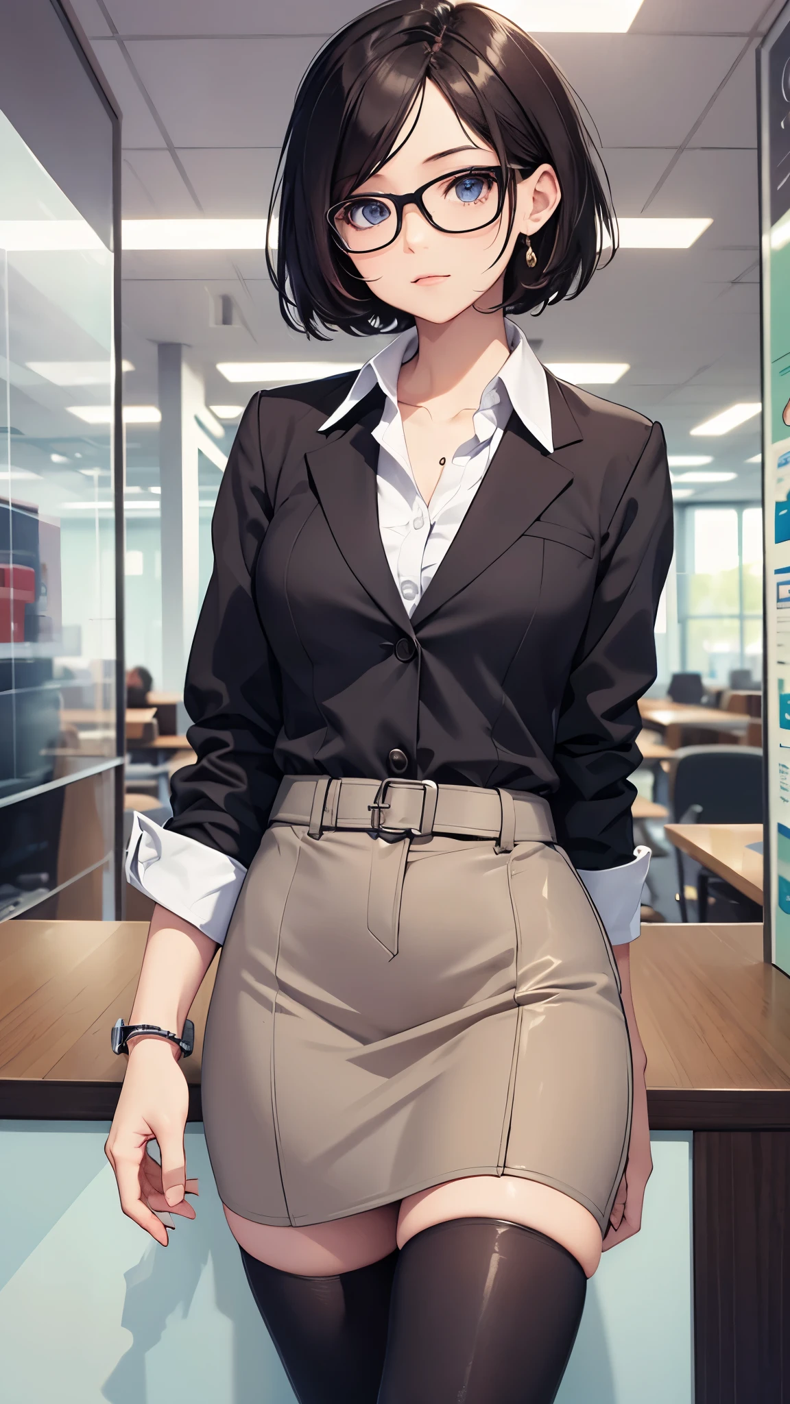 One 30 years old woman,very short hair,glasses,office casual style,suits,tight skirts,pantyhose,((knee high long boots)).