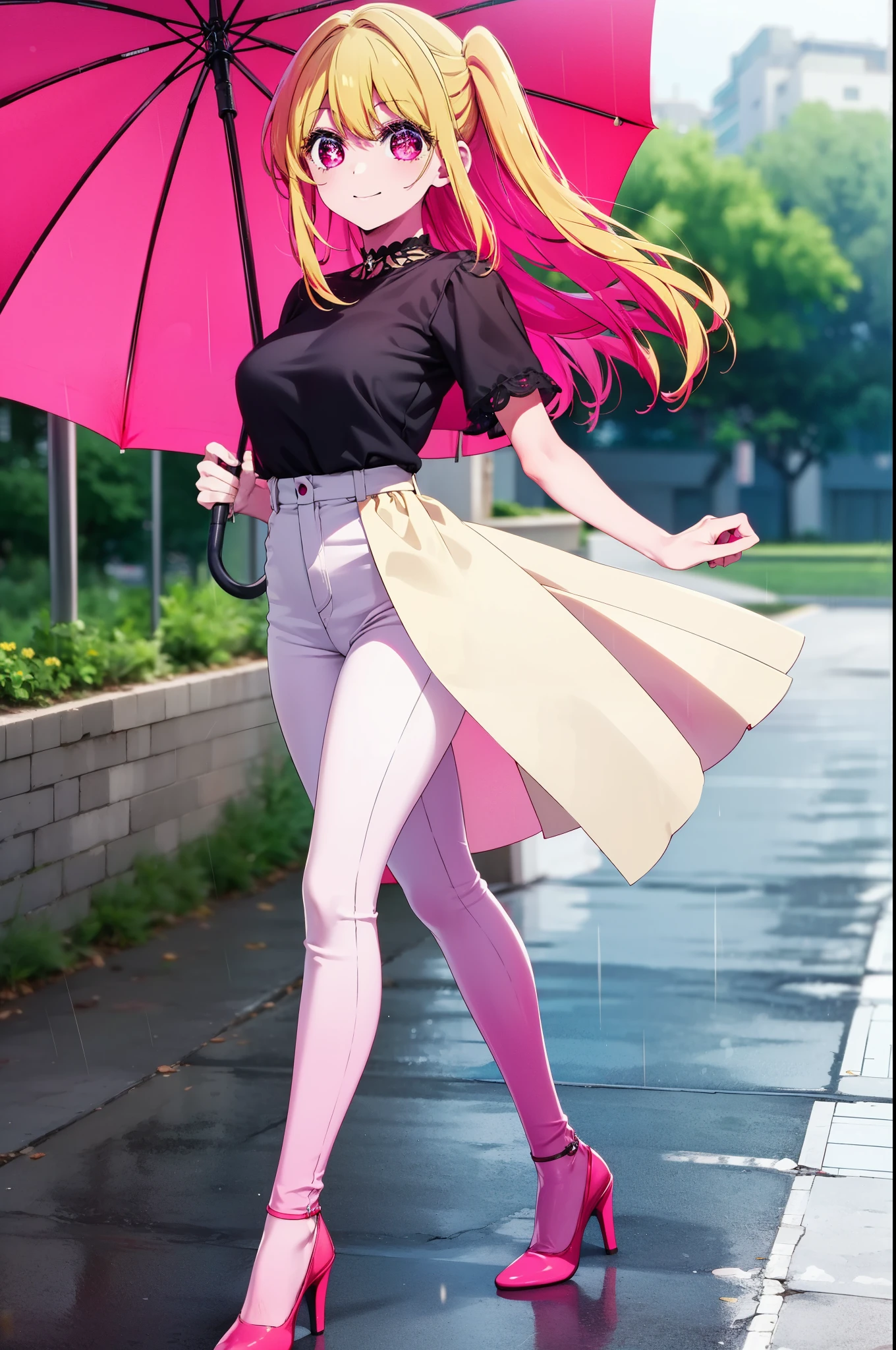 rubyhoshino, Hoshino Ruby, Long Hair, bangs, Blonde Hair, (Pink Eyes:1.3), Side Lock, (Symbol-shaped pupil:1.5), Multicolored Hair, Two-tone hair, smile,Cordo shoulder top,Skinny jeans,Stiletto heels,rain,black umbrella,Cloudy,whole bodyがイラストに入るように,Walking,
break outdoors, ビル街
break looking at viewer, whole body,
break (masterpiece:1.2), highest quality, High resolution, unity 8k wallpaper, (figure:0.8), (Beautiful fine details:1.6), Highly detailed face, Perfect lighting, Highly detailed CG, (Perfect hands, Perfect ???????),