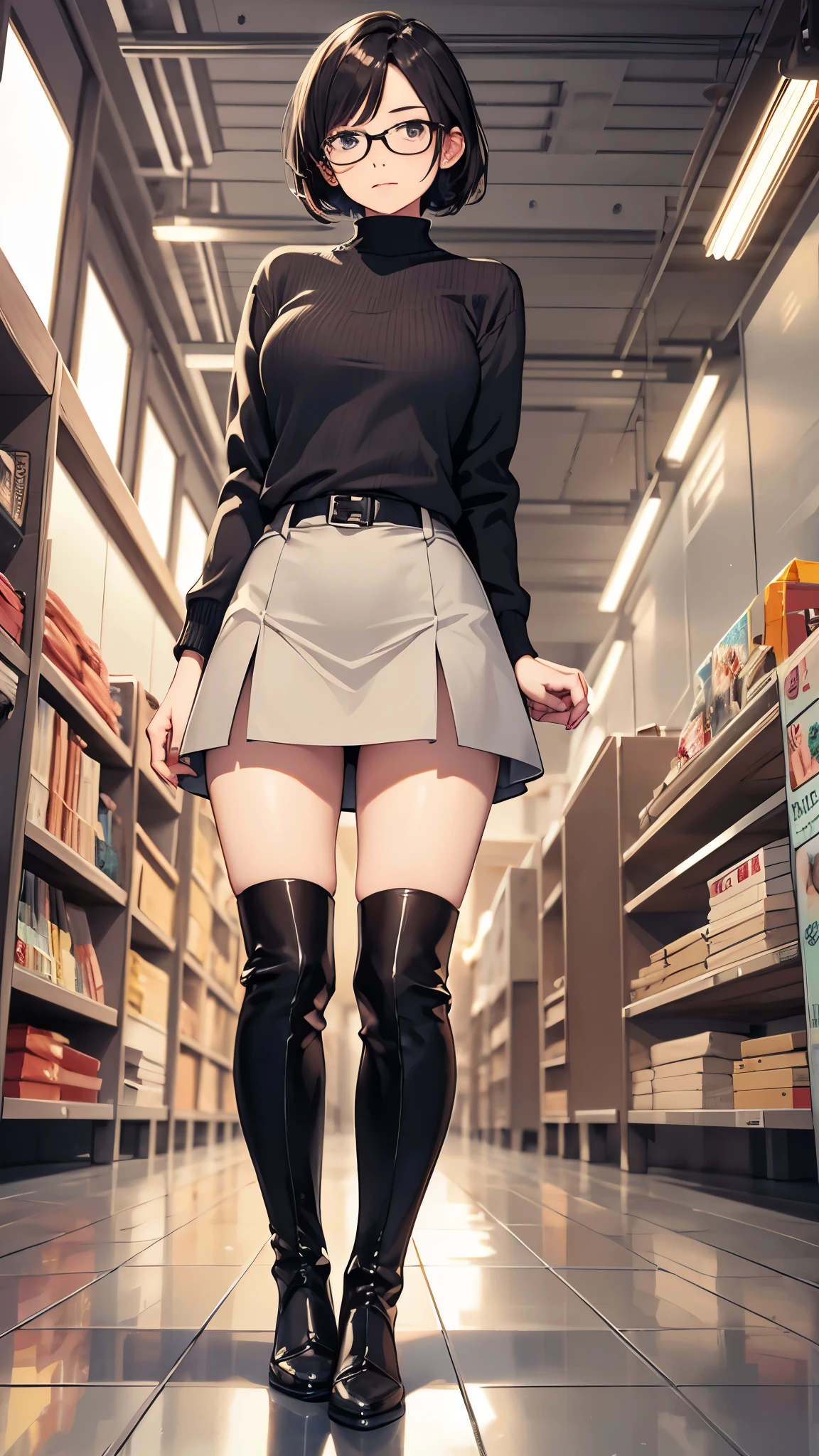 One 30 years old woman,very short hair,glasses,office casual style,suits,tight skirts,pantyhose,((knee high long boots)).