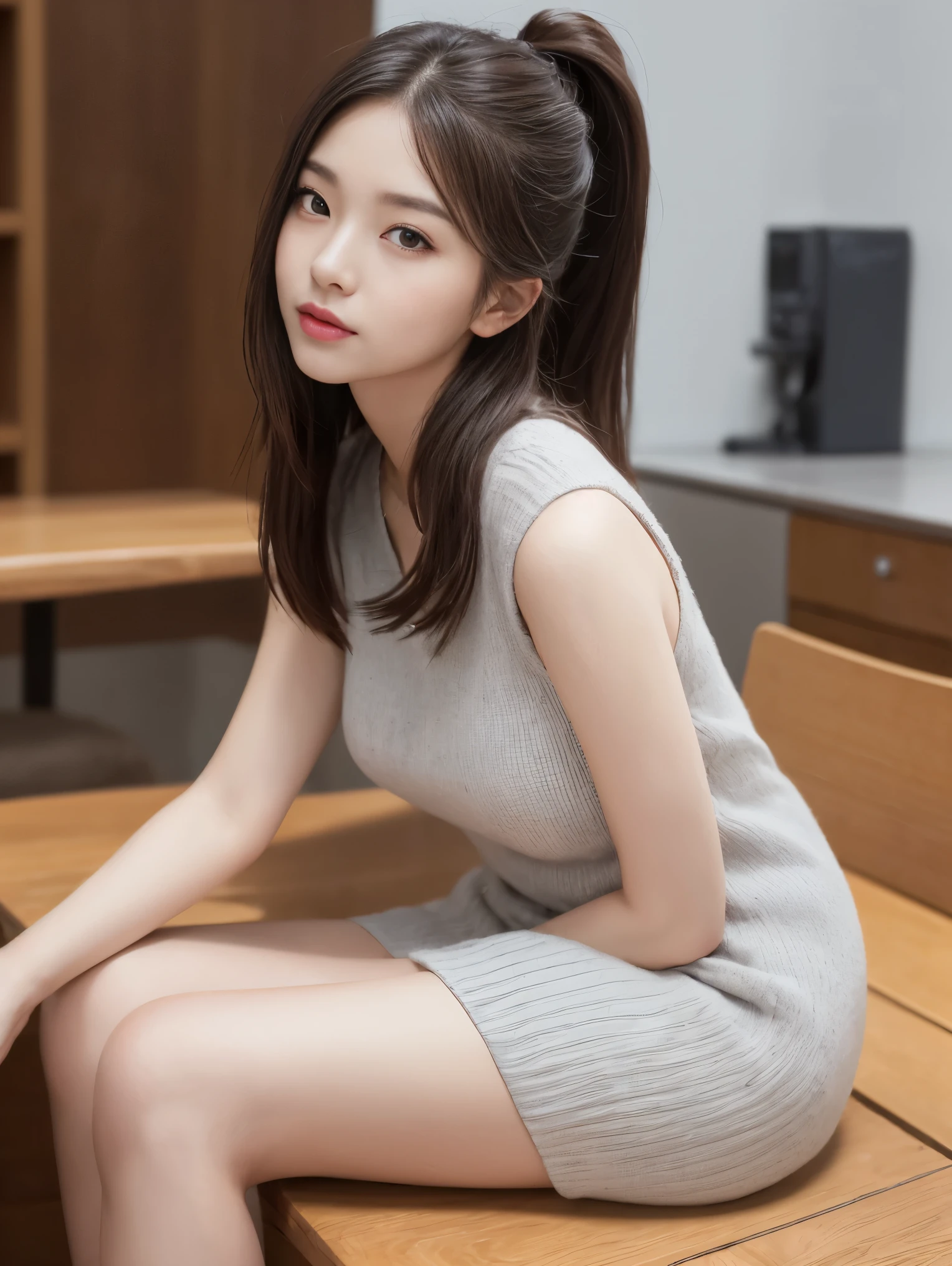 In detail, High resolution, high quality、Perfect dynamic composition, Beautiful fine details, Medium Hair, small 、Natural color lip,Kamimei、Shopping mall、20-year-old girl、1 person、Clear Skin、Shiny Hair、Tabletop, 最high quality, figure, Super detailed, In detail, High resolution, 8k、The correct state of the human body、Randomly cute poses,ponytail,Beautiful feet,Perfect beautiful face,KPOP idol faces,Ecstatic face,Light grey knit dress,Background Blur,Dress up as a model for a women's fashion magazine、smile、Black Stockings