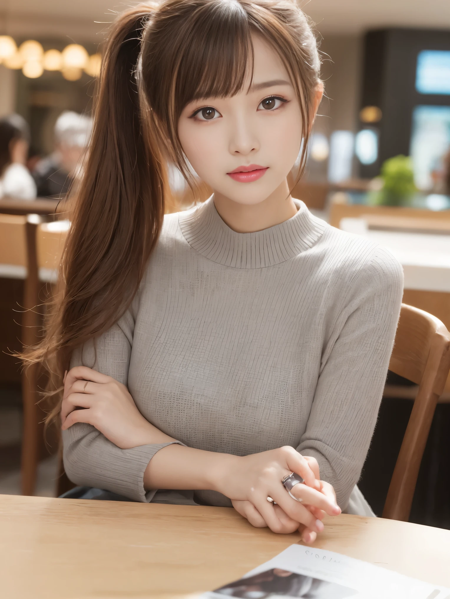 In detail, High resolution, high quality、Perfect dynamic composition, Beautiful fine details, Medium Hair, small 、Natural color lip,Kamimei、Shopping mall、20-year-old girl、1 person、Clear Skin、Shiny Hair、Tabletop, 最high quality, figure, Super detailed, In detail, High resolution, 8k、The correct state of the human body、Randomly cute poses,ponytail,Beautiful feet,Perfect beautiful face,KPOP idol faces,Ecstatic face,Light grey knit dress,Background Blur,Dress up as a model for a women&#39;s fashion magazine、smile、Black Stockings