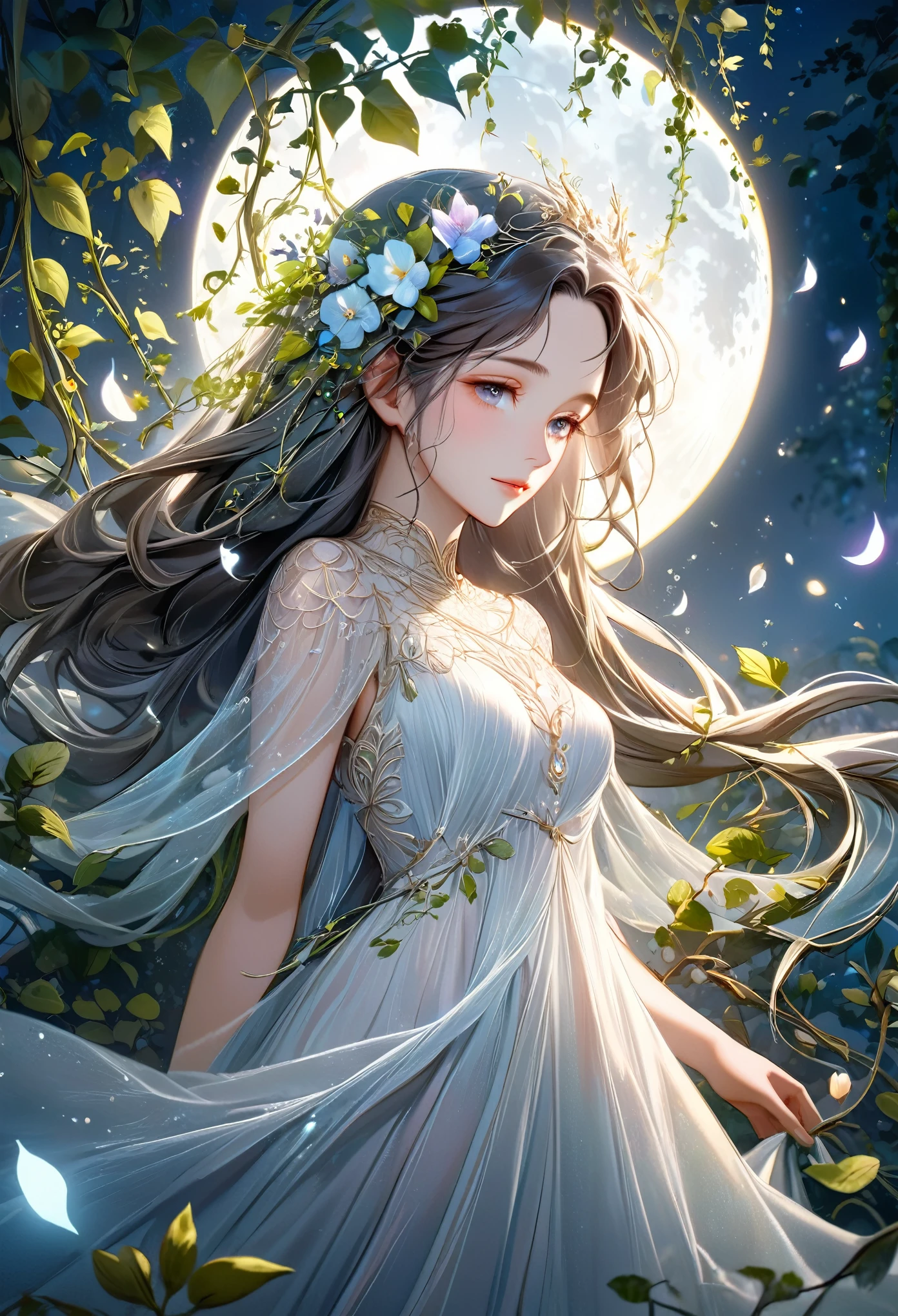 a beautiful goddess in a moonlit garden, detailed flower petals, intricate vines and foliage, stunning moon rays, cinematic lighting, ethereal atmosphere, elegant flowing dress, serene and tranquil,ultra-detailed,portrait,ambient lighting,delicate colors,magical realism