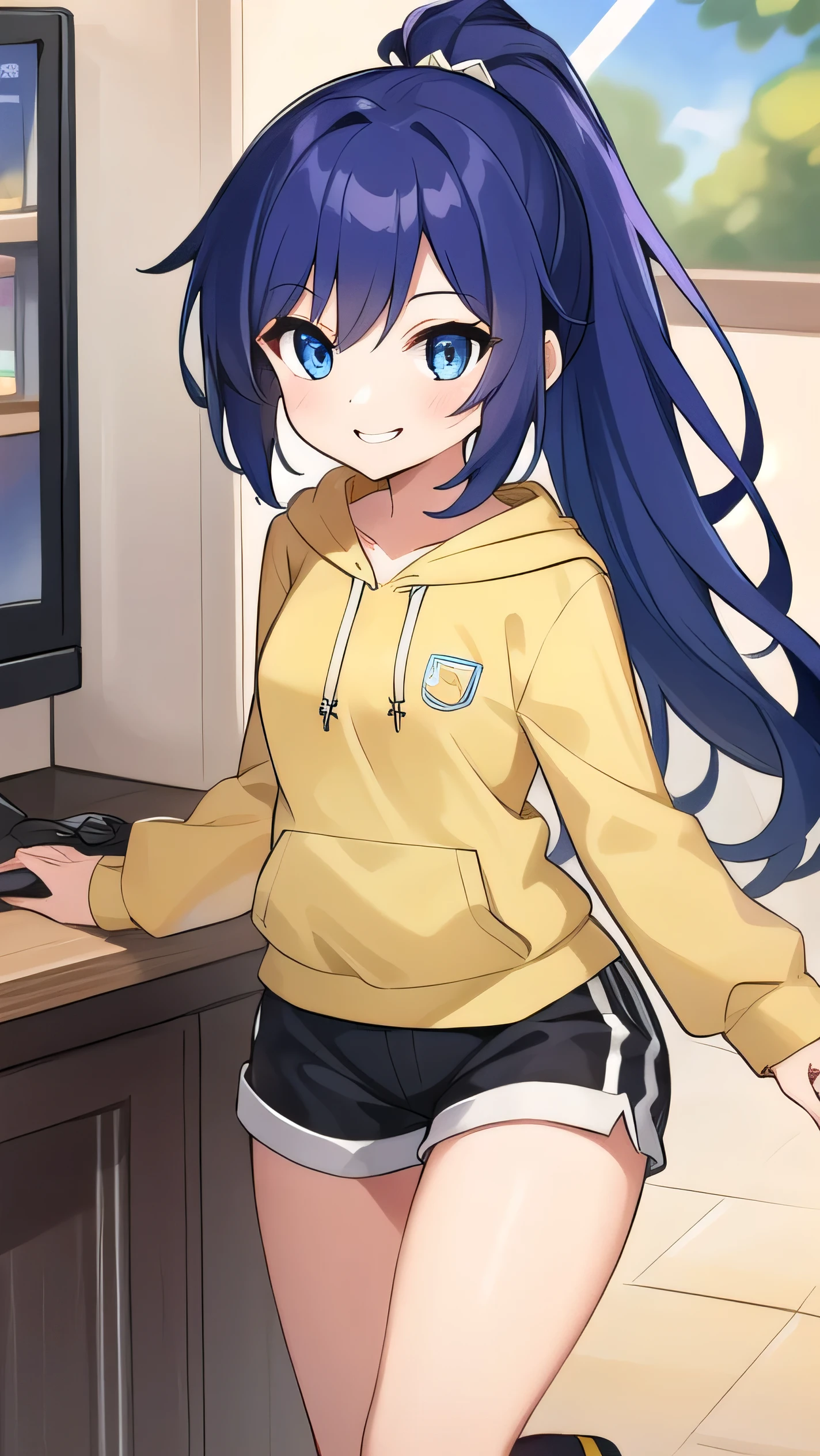 Blue-purple hair, dark blue eyes, long hair, ponytail, (hairpin:1.1), long-sleeved hoodie, ,small breasts，shorts, middle school student, 14 years old, short, round eyes, sparkling eyes, owns a game console, confident, smiling a little There is