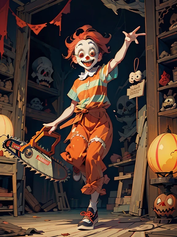 (Disney character style)、Gruesome and spooky details、An atmosphere full of suspense and tension、Psychological horror、Cute Smile、Mysterious and unsettling atmosphere、A terrifying moment、Nightmare scenario、The twisted madness of a murderer、Smiling clown、bright red nose、open outfit、Striped shirt、Big shoes、Enthusiastic atmosphere、Mischievous Smile、Expressive gestures、Comical movement、Festive mood、Exciting performance
、((Chainsaw))