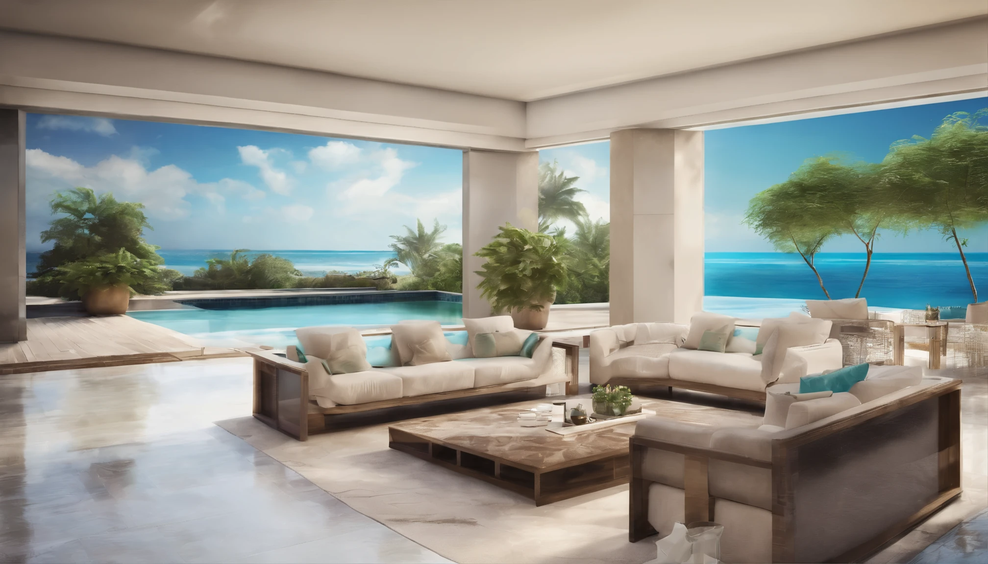 Cancun、The sea seen in the distance,(High-quality poolside flooring),Mystic Sea,4K,Ultra HD,Extravagant space,Ambient indirect lighting,Foliage plant,rich,rich,VIP,VIP