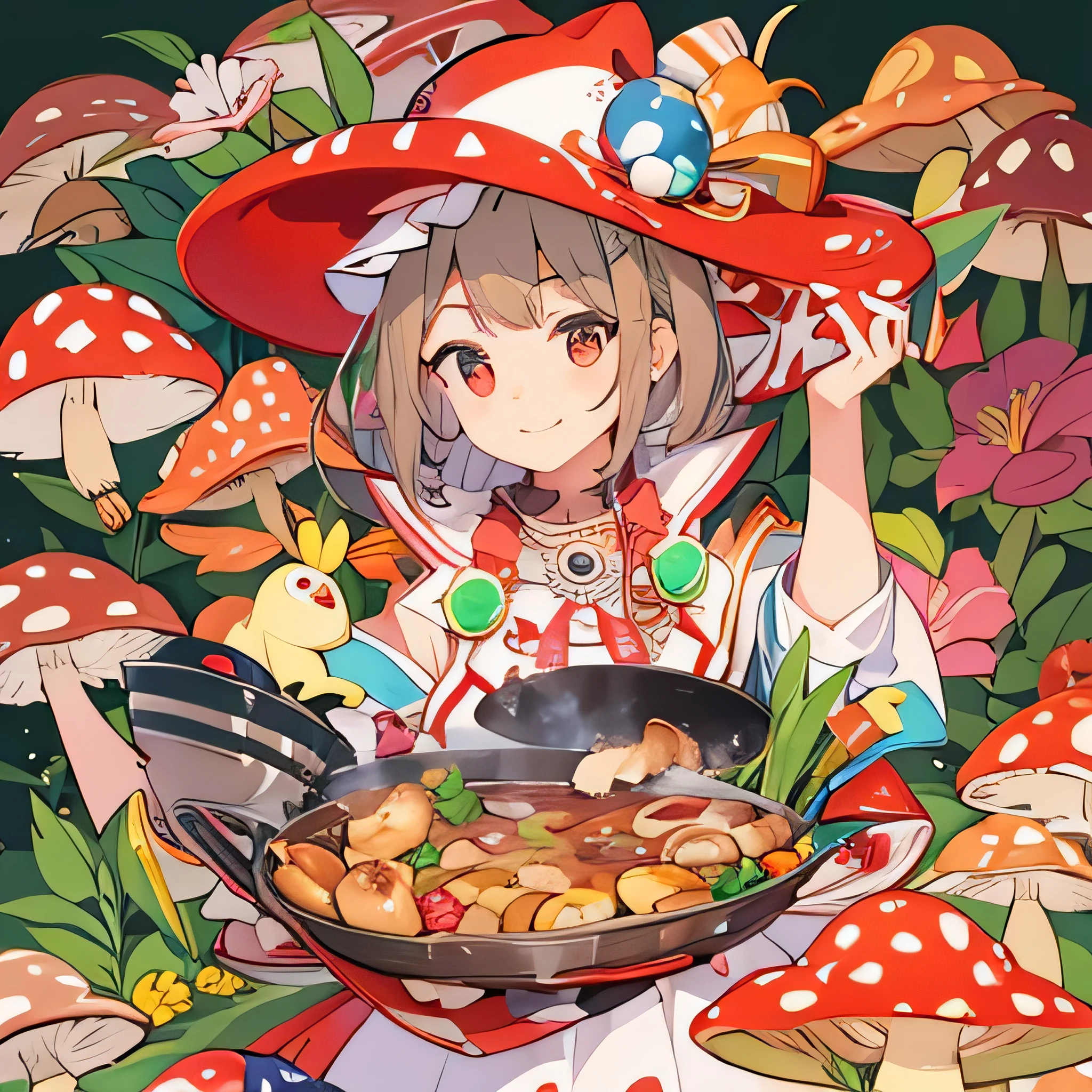 highest quality、 Super quality、 16k、 Very detailed、beautifully、aesthetic:1.2)、A pretty 21 year old girl wearing a red and white spotted hat dancing on a frying pan surrounded by colorful mushrooms、Shy smile、Wears a red and white spotted mushroom-shaped hat、Wearing a red and white spotted mushroom-shaped apron