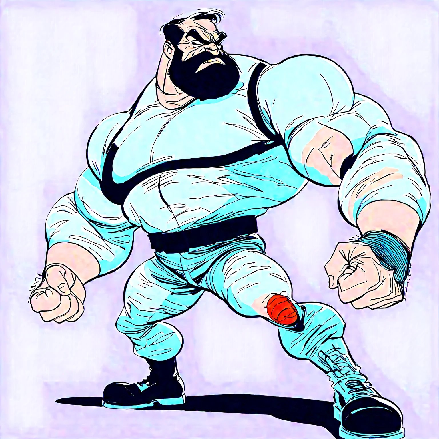 Bluto (popeye the sailor villain Bluto, bearded), 1960's animated hand drawn cartoon rotoscope, wearing Tight Combat Suit, Tight urban camo navy Combat Suit, too tight,  (full roygbiv color) ink charcoal expressive illustration, no light source, darkness, light mask uv rays across face, absurd, with rich color grading, cel shading, warm and unified colors, rotoscope, animated, VHS, glitch, distorted, nostalgia, 90's retro vibe, chonky, obese, hefty, heavy weight, hyper maximal, strange, hyperrealistic, rotoscope expressive ink bold line hand drawn, extremely intensely chonky, spilling over in all directions, hefty, rotund, obese, large, in a cinematic style, s, analog tape, vcr aesthetics, tv, television, hand drawn, minimal, precise,
