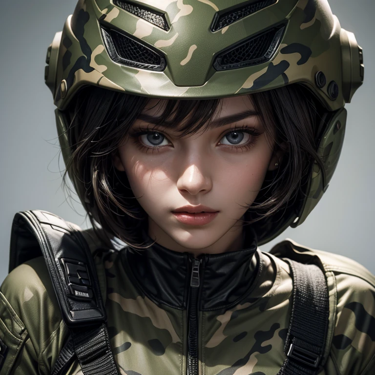 Full Body Portrait:1.5、Detailed close-up portrait of a stunningly beautiful woman in tight combat clothing、White Short Hair、Helmet、Camouflage bodysuit-like combat suit:1.5、Confident expression、Expressing the woman's movements with a motion blur effect、Super detailed、8k、Photorealistic、Cinematic lighting、Dramatic composition、Dynamic pose、Glowing Skin、Sharp Eye、Full lips、Intricate details、Realistic Textures