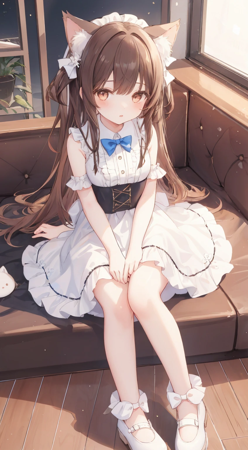  1 Girl, Solitary, long hair, breast, looking at the audience, Bangs, brown hair, High Leg Raise, skirt, Animal ears, Brown eyes, sit, Shut up, whole body, Ruffles, Sleeveless, exist室内, Cat ears, white skirt, Vague, white High Leg Raise, Lips, Pillow, floor, Vague background, fake Animal ears, on floor, Variza, Plush Toys, exist, Practical, floorroom