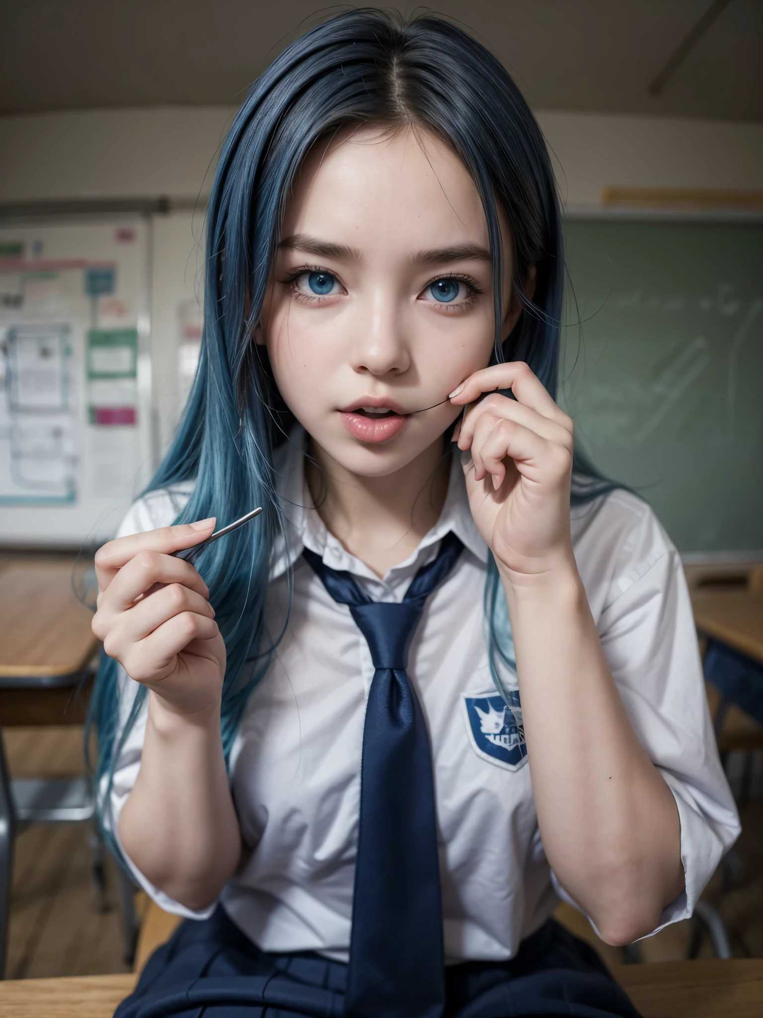 Hot girl, blue hair, blue eyes, licking your own fingers, school clothes