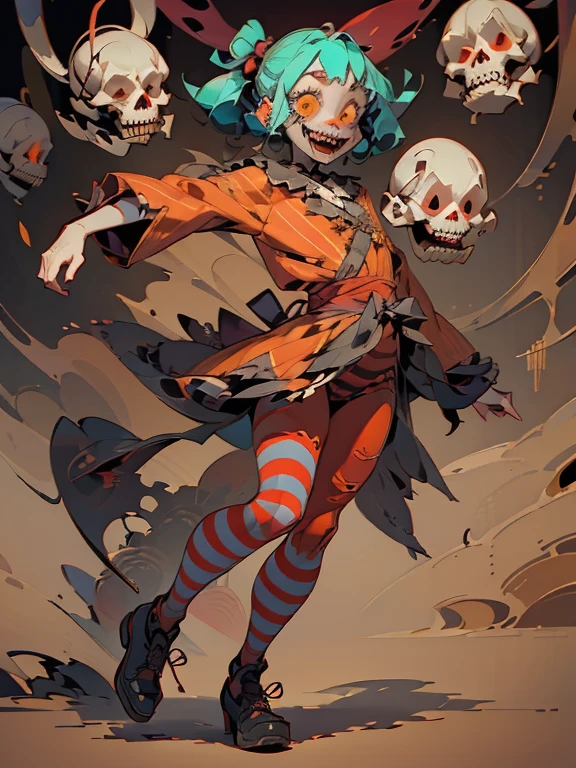 (Disney character style)、Gruesome and spooky details、An atmosphere full of suspense and tension、Psychological horror、Cute Smile、Mysterious and unsettling atmosphere、A terrifying moment、Nightmare scenario、The twisted madness of a murderer、Smiling clown、bright red nose、open outfit、Striped shirt、Big shoes、Enthusiastic atmosphere、Mischievous Smile、Expressive gestures、Comical movement、Festive mood、Exciting performance