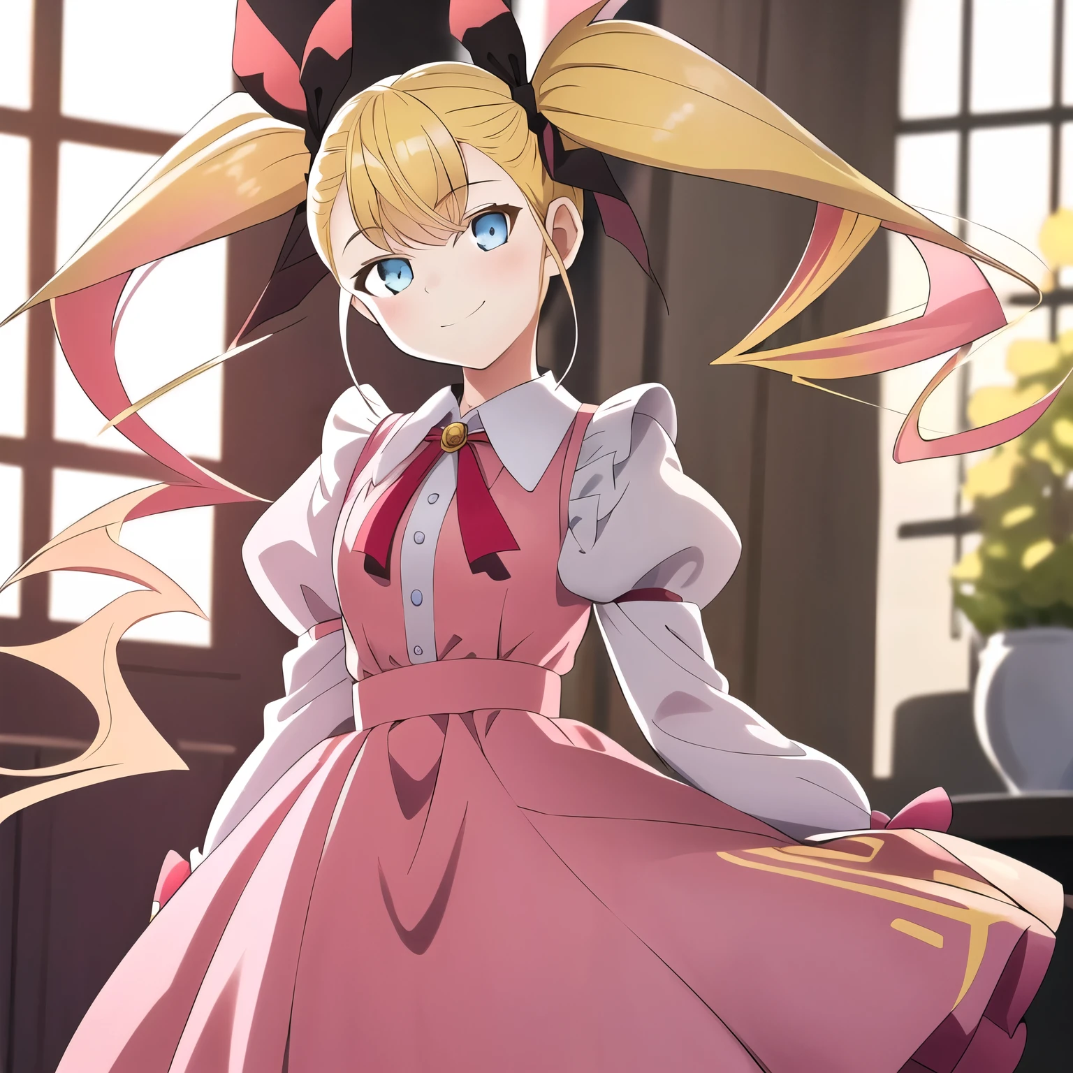 (masterpiece, best quality, very beautiful, very detailed), 1 girl, yellow hair in twin tails, red ribbon barrette, blue eyes, pink princess dress, looking at camera, full body, smiling