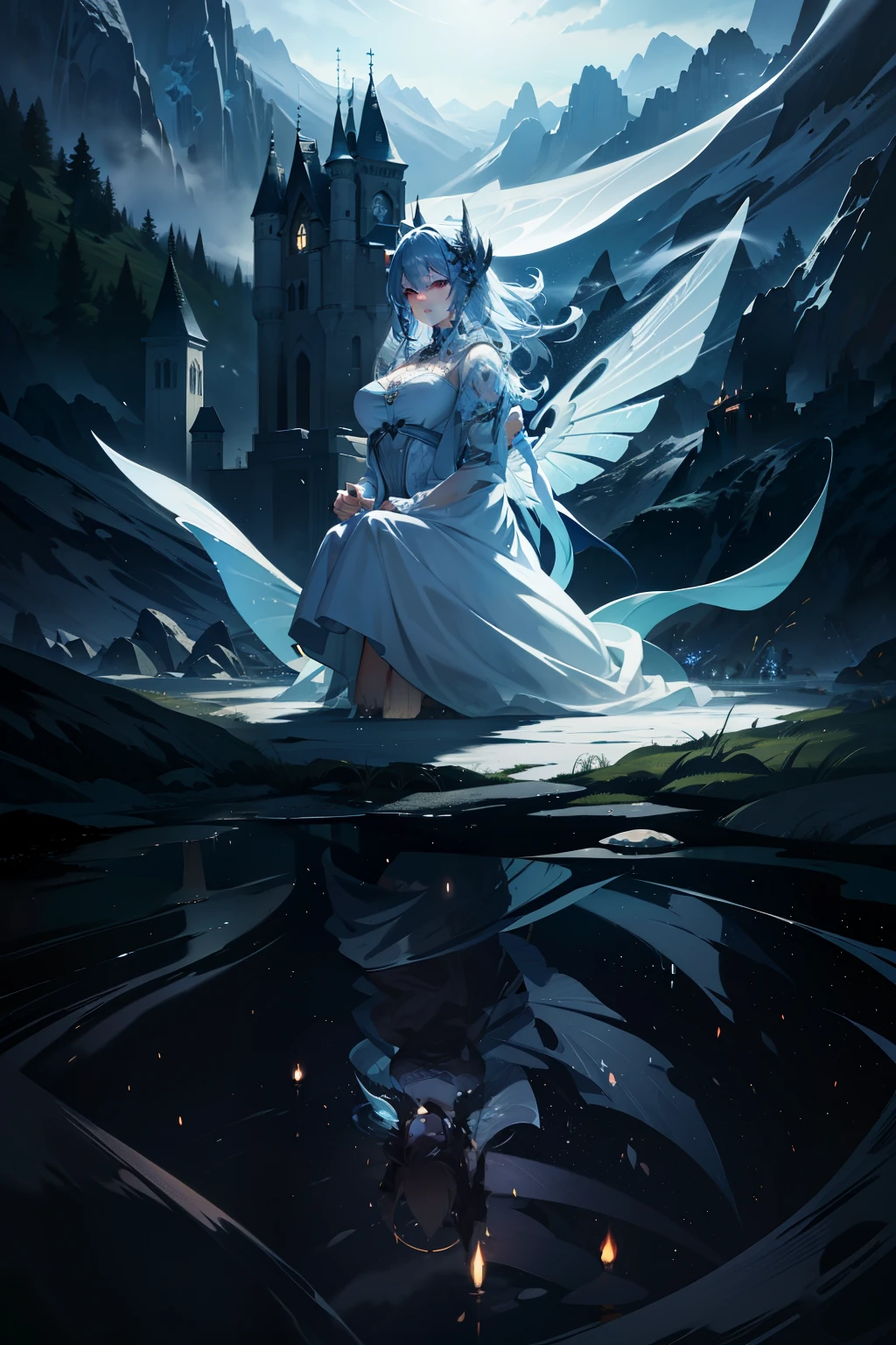 beautiful and enigmatic surrealist digital painting,
 With ethereal castle floating in mountains,
 Crystal clear reflections, spectral glows in ultra-detailed 8K,
 Mystical tones, ethereal creatures, interdimensional portals,
 Detailed textures, magical lighting, shimmering colors,
 Serene and mysterious atmosphere,
 Cohesive composition, harmonious balance,
 intricate details, sublime beauty,
 Realistic rendering, photorealistic quality,
 HDR, UHD, studio lighting, ultra-fine painting,
 Extreme detail description, vivid and luminescent colors,
 Bokeh, sharp focus, physically-based rendering,