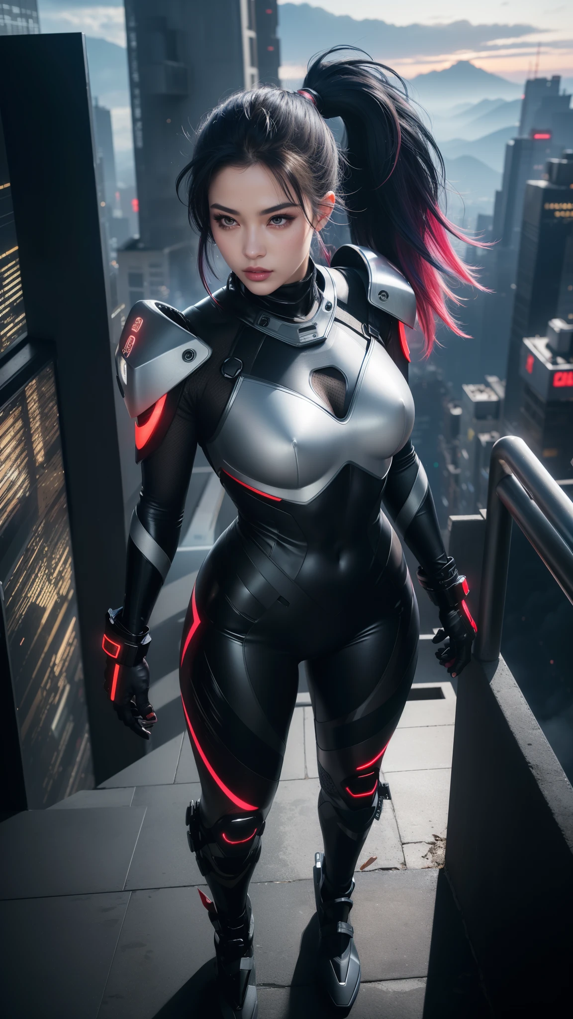 (best quality, masterpiece), realistic, a beautiful woman in ninja suit, Combat Suit, ninja girl, ninja cyber, (ponytail hairstyles, expressive hair, shiny hair, multicolored hair, gradient hair, colored inner hair, straight hair, long hair), thick thighs, fair skin, rosy cheeks, mascara, aqua eyes, Long eyelashes, eyeliners, eyeshadows, plump lips, glossy lips, eyeshadows, evening makeup, hourglass body, ((cyber ninja suit, Combat Suit), LED light, shining, mesh (ninja armor)), neon light, glowing, highly detailed face, (twilight sky, buildings on the mountain, waterfall, clouds, floating island with many cyber buildings Sci-Fi as background), high details background, fantasy art, digital cyber mixed with realism, cyber art style, charming, standing pose, ninja Pose, full body, (from above)