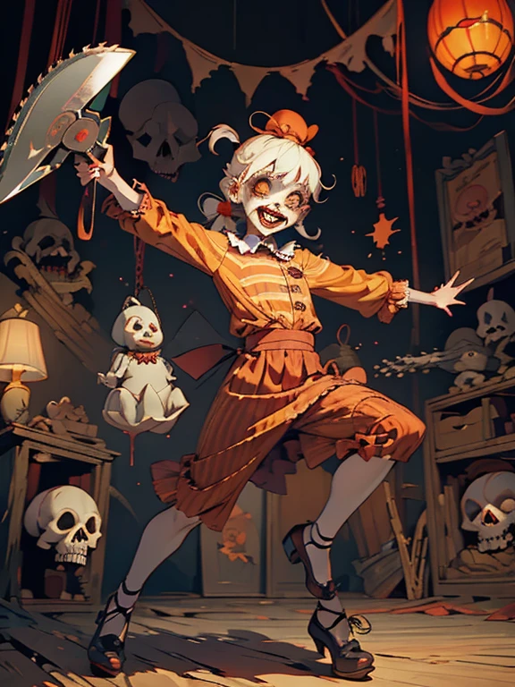 Gruesome and spooky details、An atmosphere full of suspense and tension、Psychological horror、Cute Smile、Mysterious and unsettling atmosphere、A terrifying moment、Nightmare scenario、The twisted madness of a murderer、Smiling clown、bright red nose、open outfit、Striped shirt、Big shoes、Enthusiastic atmosphere、Mischievous Smile、Expressive gestures、Comical movement、Festive mood、Exciting performance
、((Chainsaw))