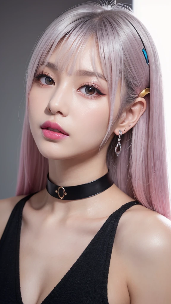 (8k, Photorealistic, Raw photo, Highest quality: 1.4),Japanese idol style１Beautiful girl of the person,18-year-old,Twin tail hairstyle,Silver Hair,Hang your hair over your ears,Wearing small earrings in the ears,Big, clear grey eyes,Long eyelashes,Plump Cheeks,Wearing pink lipstick,Wearing pink lipstick、Apply gloss over your lipstick for glossy, plump lips,Wearing a black choker around her neck,Both hands have black nail polish on their nails,The index finger of the right hand is extended and the fingertip is placed on the lips.,Cosplaying as a succubus,Looking up,Looking at the camera