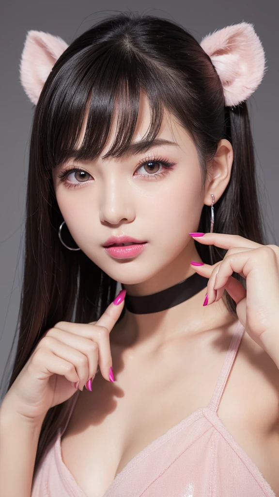 (8k, Photorealistic, Raw photo, Highest quality: 1.4),Japanese idol style１Beautiful girl of the person,18-year-old,Twin tail hairstyle,Silver Hair,Hang your hair over your ears,Wearing small earrings in the ears,Big, clear grey eyes,Long eyelashes,Plump Cheeks,Wearing pink lipstick,Wearing pink lipstick、Apply gloss over your lipstick for glossy, plump lips,Wearing a black choker around her neck,Both hands have black nail polish on their nails,The index finger of the right hand is extended and the fingertip is placed on the lips.,Cosplaying as a succubus,Looking up,Looking at the camera