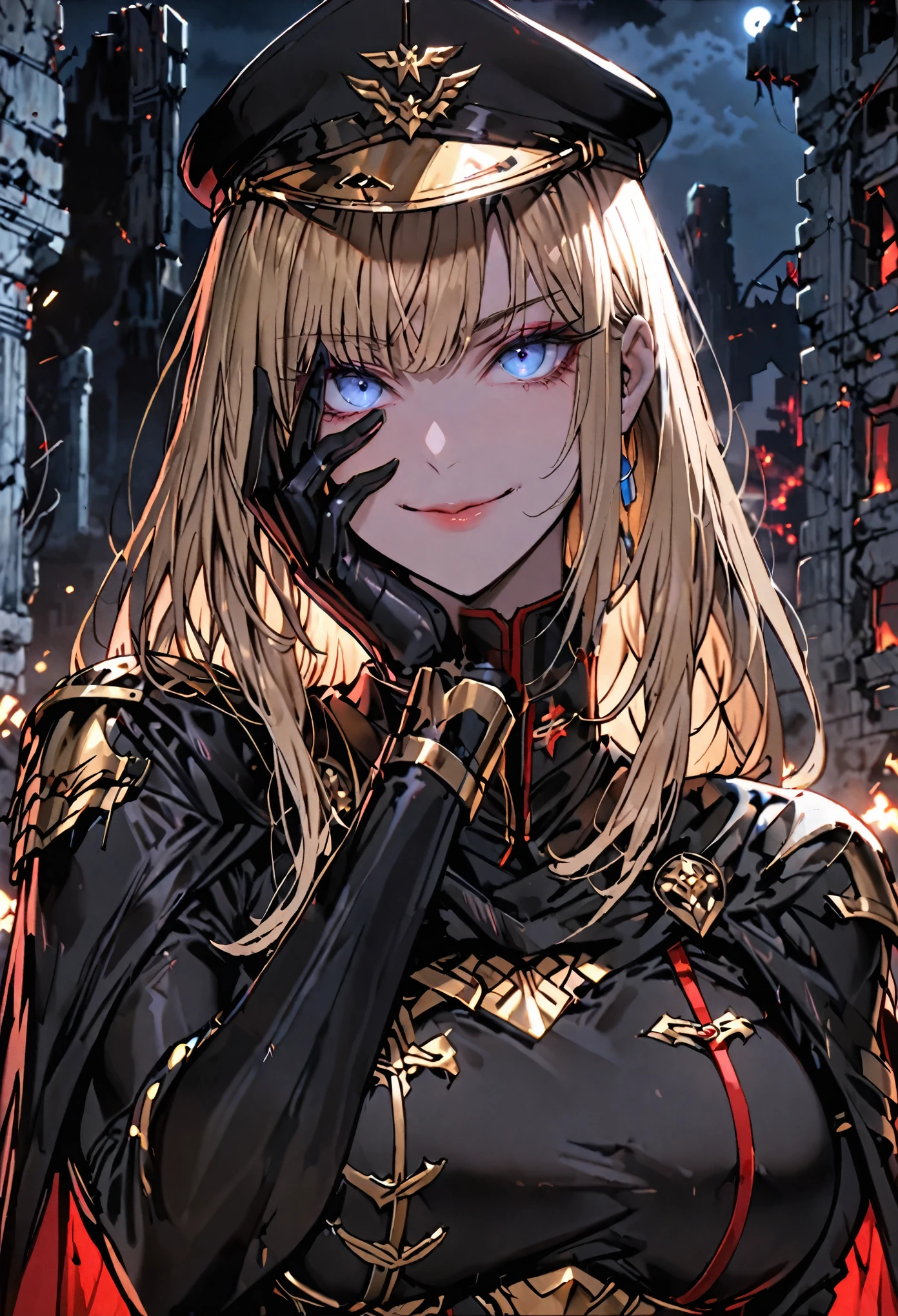 solo, female, sfw, medium shot, huge woman, extremely tall woman, blonde, long hair, blue eyes, black uniform, military uniform, ((modern armor)), black cape, red trim, gold trim, muscular, ruins, smile, military cap, baggy breeches, broad shoulders, night, close up, looking at viewer