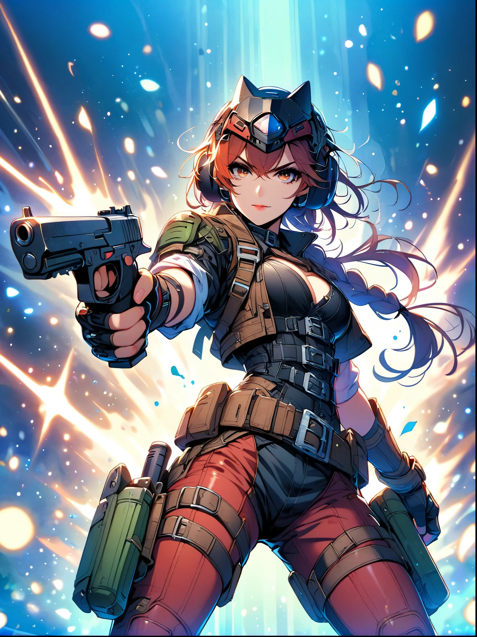 Superhero, red tights, braided hair, hair accessories, eye shadow, eyeliner, red lips, wrist armor, waist