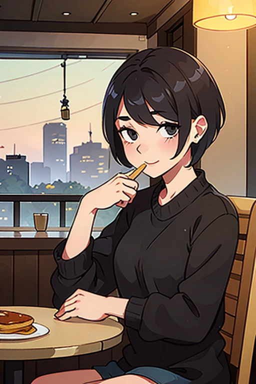Eat pancakes while sitting in a chair at a stylish cafe,Black Eyes,Black short bob hair