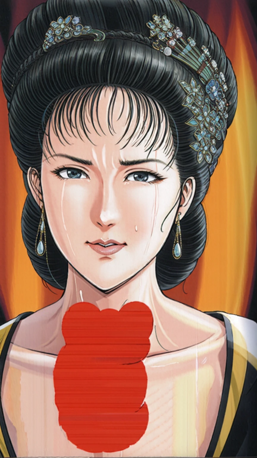 (best quality), (very aesthetic), (ultra-detailed), (best illustration),(a mature female),(perfect face),Suikoden,Mrs. Lin,(((NSFW))),((full_body)),((full_nude)),(crying),Covers mouth with right hand,red cheek,sweating,skinny,flushed skin,(hairly pussy),Double blowjob,chinese traditional bed room,overhead view