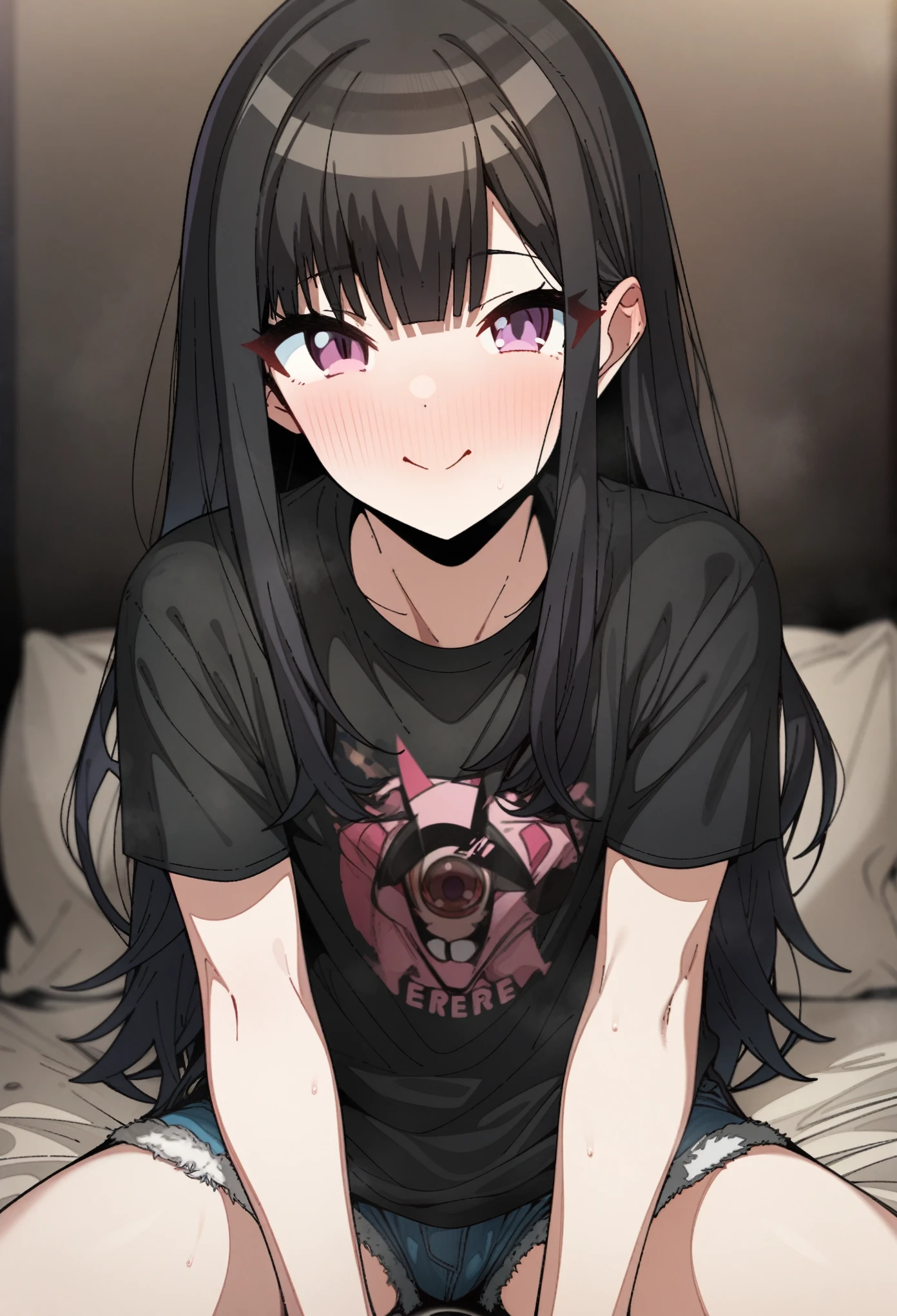 idolmaster idolmaster shiny colors 1girl smile eyes eyelashes rating:_Explicit erere 1girl sitting, black_shirt, short_shorts, black_hair, long_hair masterpiece, best quality, great quality looking_at_viewer, purple_eyes facing_viewer hetero solo full_body
