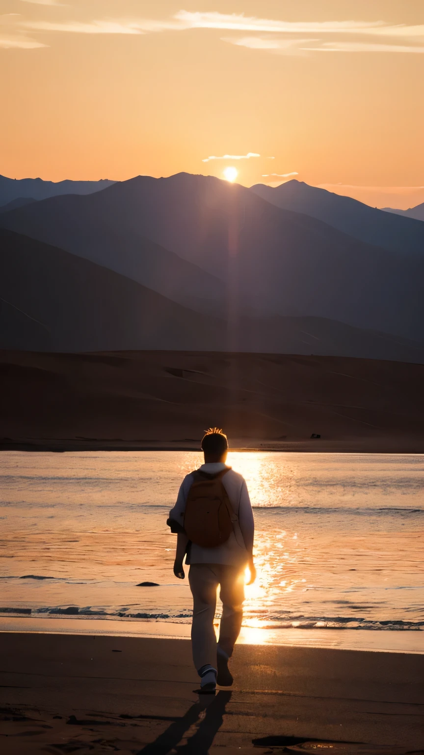 A man walks confidently towards the horizon, Empty the miles, Emitting warm light. Vast landscape, Symbolizes endless possibilities and future journeys