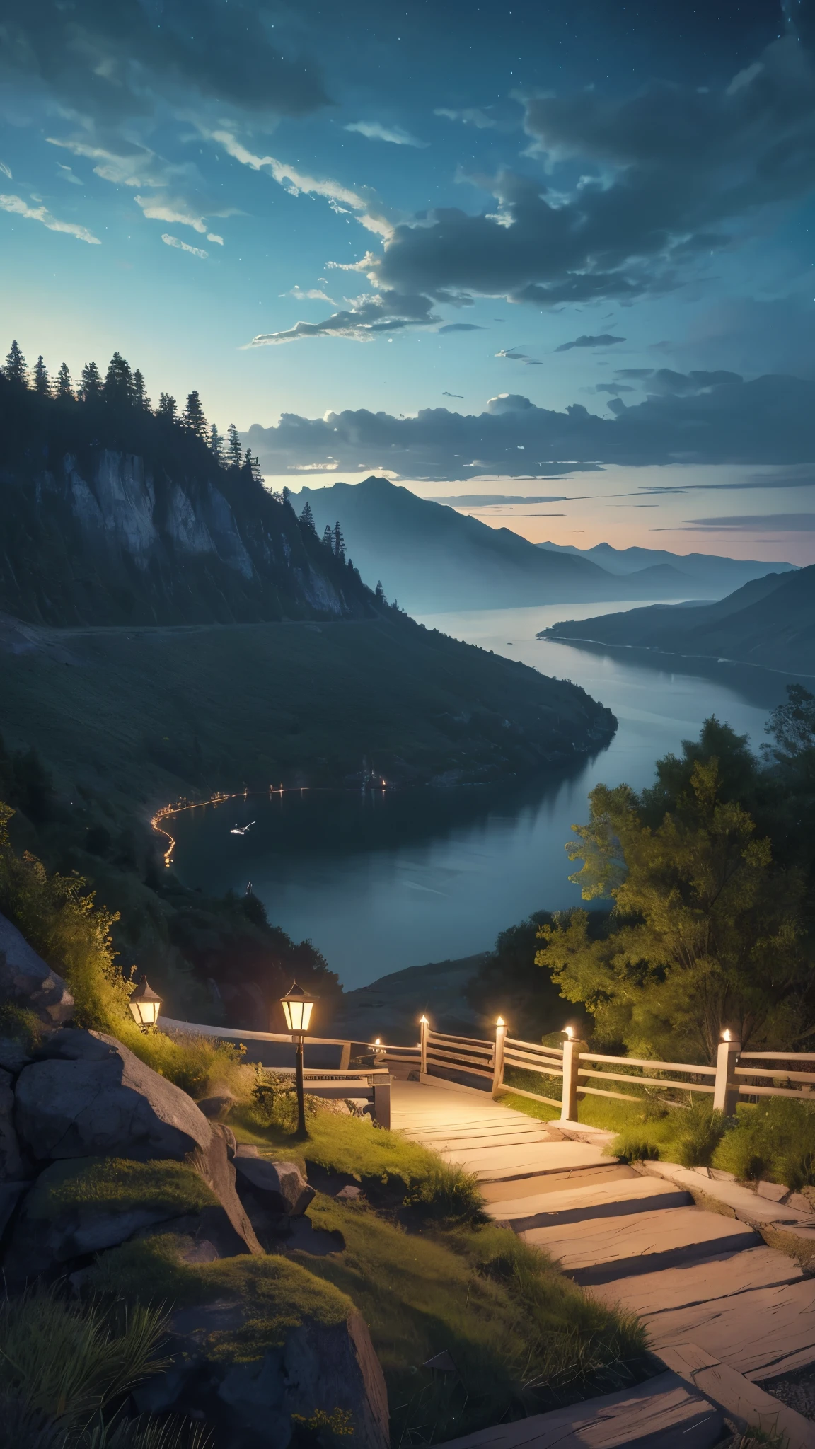 A masterpiece from EbonyGoldAI, 最high quality, high quality, High resolution, (((Beautifully detailed skies))), growなeur, Cottage, growな(grow, wonderful), vision(View), wonderful光景, High resolution, ((Best Shadow)), Realistic, nature, scenery, cloud, Mountain, Grass, rock, hill, cliff, wood, Sidewalk, Background only, Night Sky, moonlight, ((Super detailed)), (Best illustrations), ((Very delicate and beautiful)), Dynamic Angle, river, Trail, bench, Highest quality, quiet, far_Away