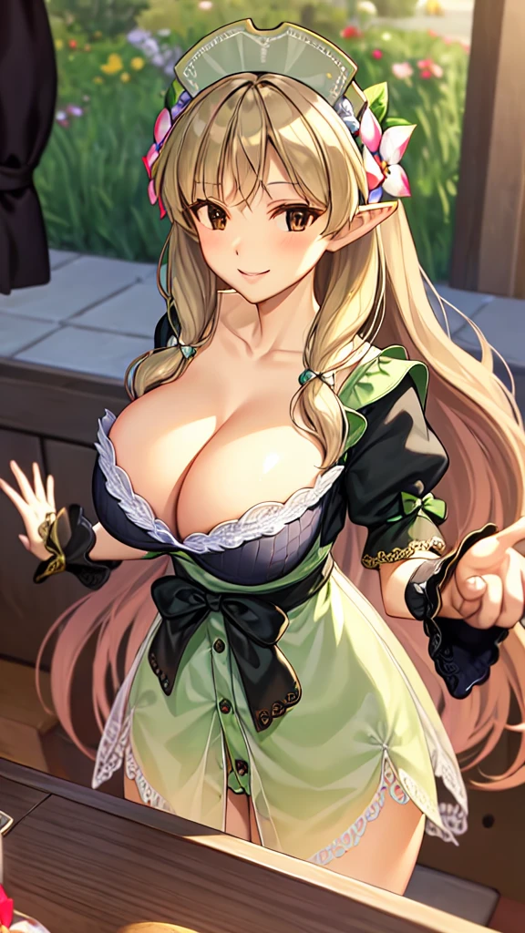 Please show me your armpits), (1 girl), (smile), (Huge breasts:1.2), (Chest close-up), (Long Hair), (Outstretched arms), (Looking at the audience), (from before), (Hair Flower), (garden), (Pasture),(((large breasts))),((cleavage)),dress, jewelry, short sleeves, hetero, sidelocks, frills, open clothes, solo focus, pointy ears, puffy sleeves, indoors, black dress, puffy short sleeves, maid, maid headdress, ascot, pov, brooch, elf, gem, breasts squeezed together, open dress,nsfw