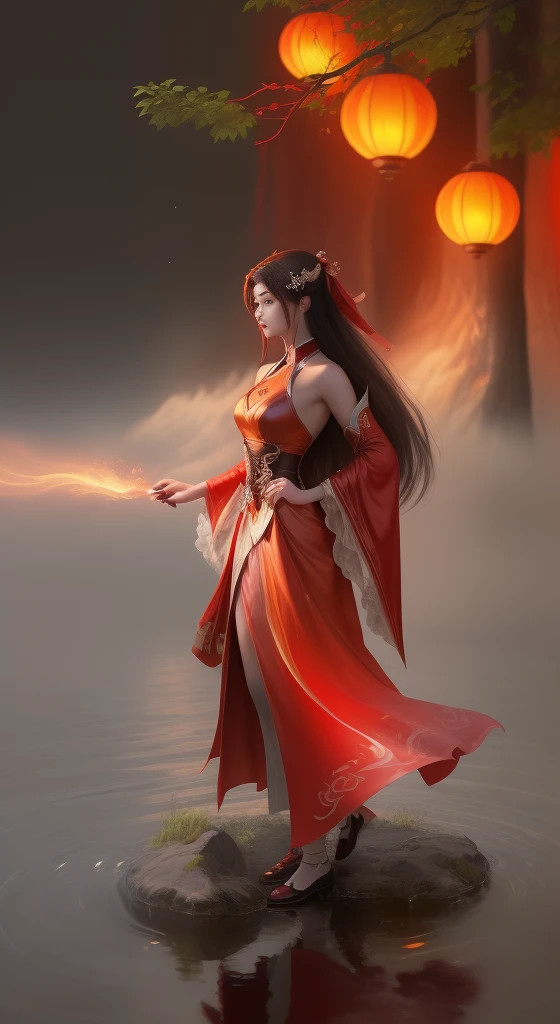 A woman in a red dress walks in the river with a lantern in her hand, full-body xianxia, Inspired by Park Hua, author：Yang Jie, Inspired by Lan Ying, Extremely detailed artger, Inspired by Du Qiong, Inspired by Zhu Lian, Art style, Ruan Jia and artgerm, Moon Themed Clothing