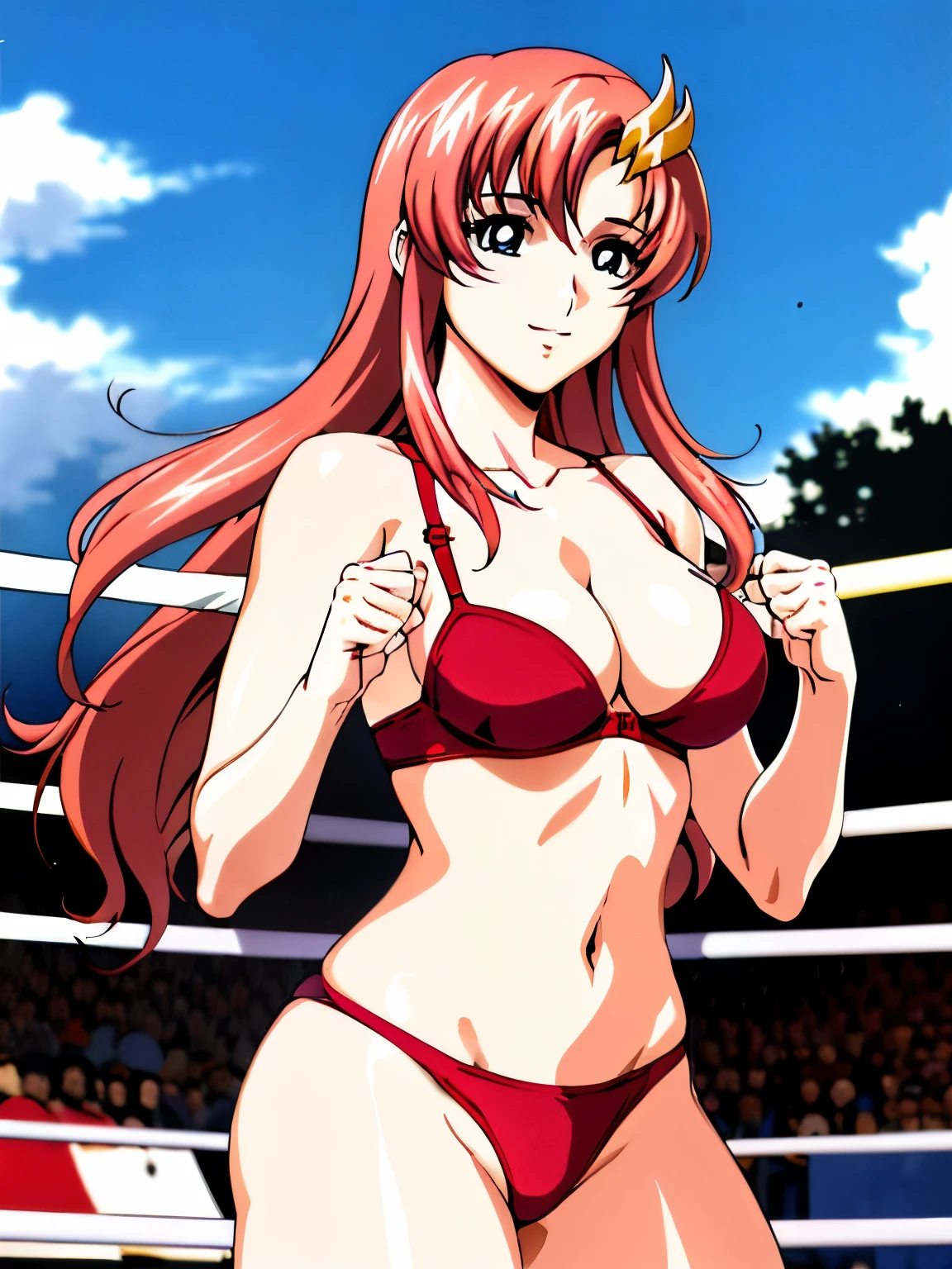 lacus4, (red bikini, running, thong, thin girl, masterpiece, cowboy shot, very slim shoulders, 4K, Best Quality, Anime style: 1.9, happy, Adult Woman, (ultra detailed head), (wrestling arena with crowd, cloud background), Drawing lines, high resolution, lacus4), 1girl, Solo, curvy figure, Long hair, clavicle, scapular, (Detailed wide hair bangs, Hair Ornament, Detailed reddish-pink hair, shiny streaks, slim arms, detailed golden crest), cleavage, large hands, (hair cover shoulders). (Big blue eyes, shiny eyes), ((female wrestler, (slim body), slim arms, closed fists, thighs)), ((perfect proportions, medium size breasts, medium thighs, long belly)), ((totally red bra)), smile with a wink, (standing, hot colors), detailed fingers, (bare shoulders)