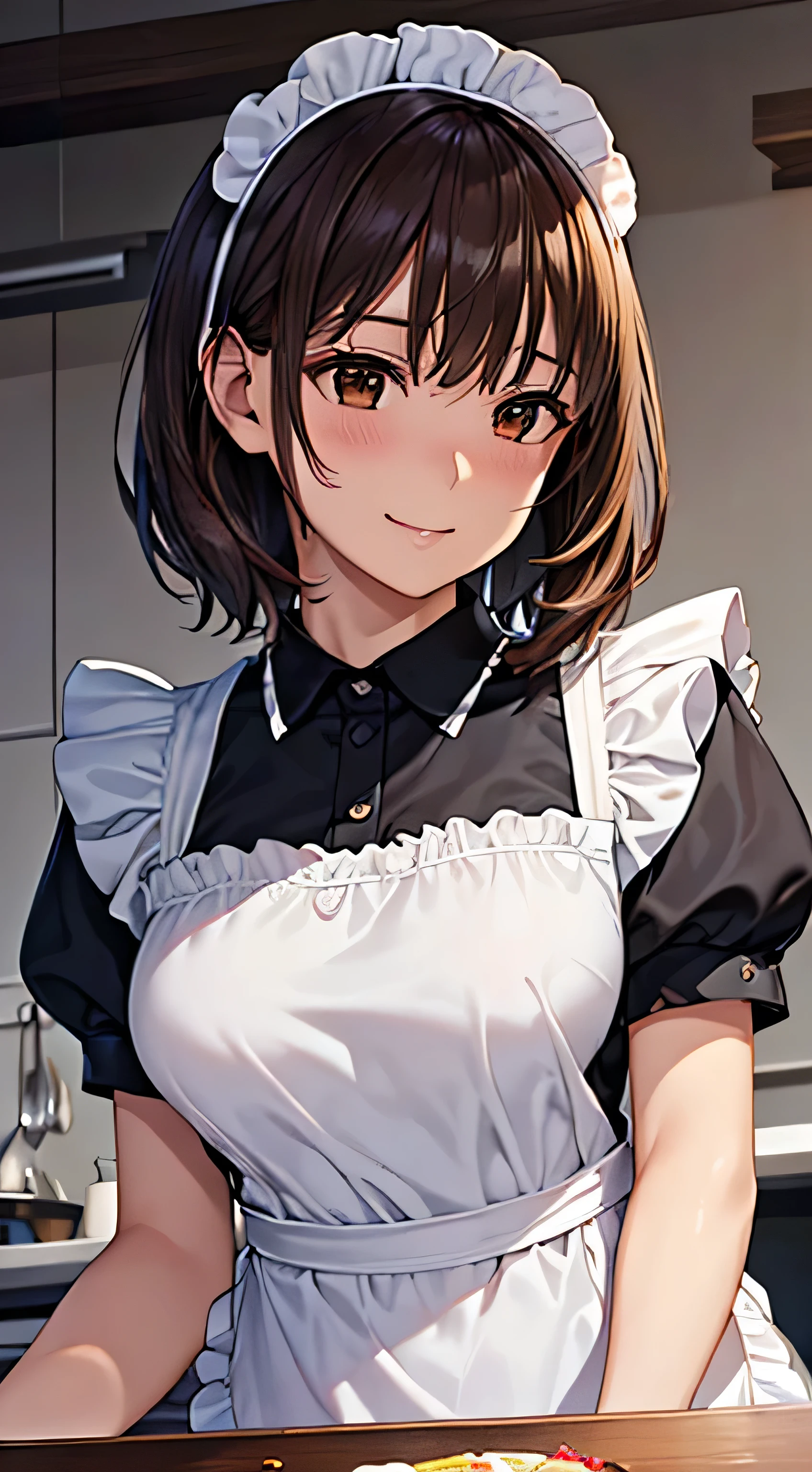 ((Tabletop, highest quality, High resolution, , Pixel perfect, 4K,))), 1 beautiful woman, private teacher、The whole body is visible、 ((Mid-wave hair, bangs, Brown Hair)), ((Brown eyes, Beautiful eyelashes, Realistic eyes)), ((Detailed face, Blushing:1.2)), ((Smooth texture:0.75, Realistic texture:0.65, Realistic:1.1, Anime CG Style)), middle size breast, Dynamic Angle, Perfect body, (( , ,  、Frill apron, Maid Costume、Ruffled short sleeve shirt))、Cooking in the kitchen、、Bend forward to accentuate your chest、Very embarrassing panic smile, 、、、、(White floral lace panties are visible、)、Angle from below)、