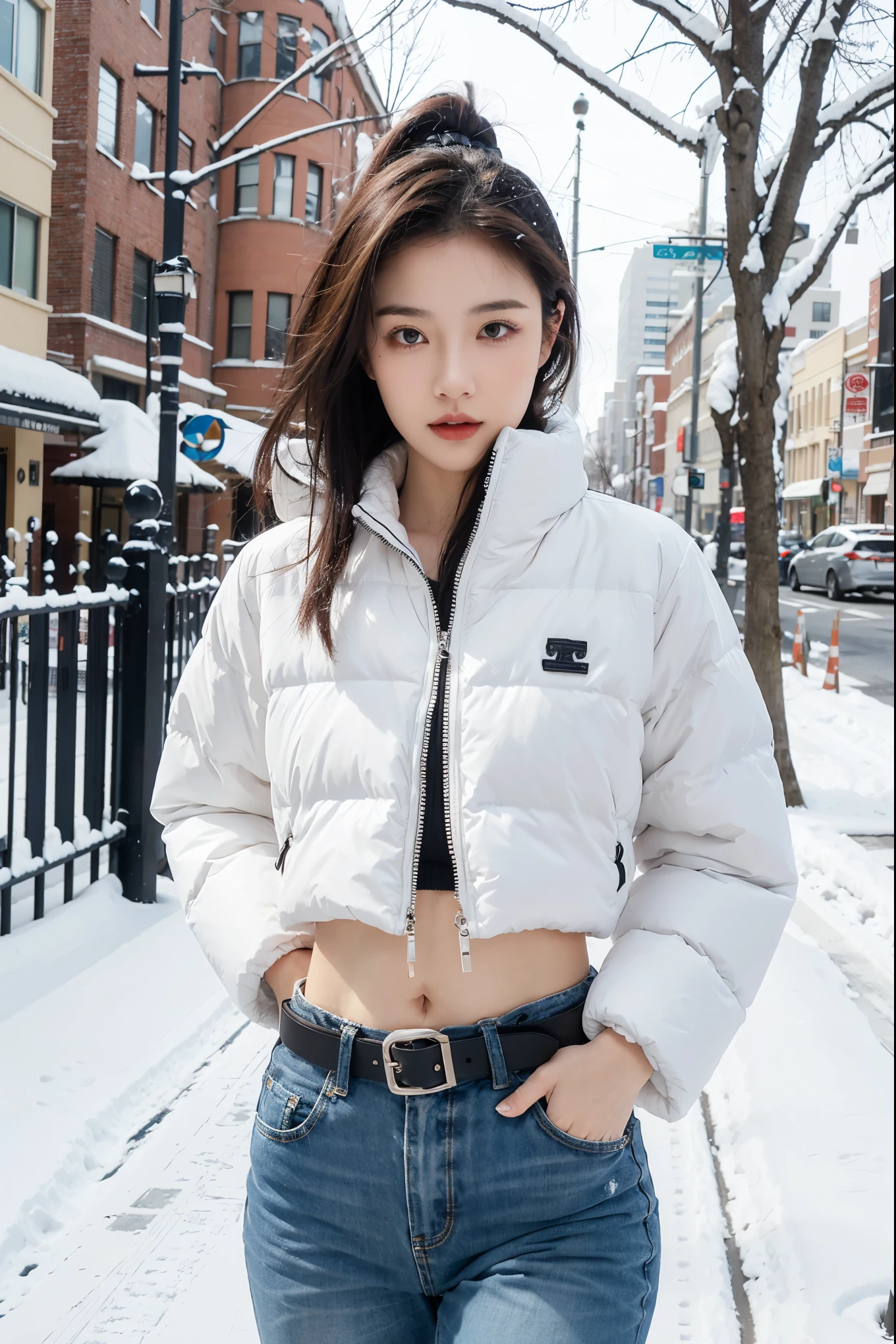 a young woman walking alone on a snowy city street, wearing an ultra-short down jacket that exposes her midriff, low-rise pants that reveal her lower abdomen, a leather belt, upper body shot, completely bare abdomen, large-scale exposed navel, extremely detailed facial features, beautiful eyes, lips, and long eyelashes, realistic, 8K, highly detailed, vibrant colors, masterpiece, anatomically correct