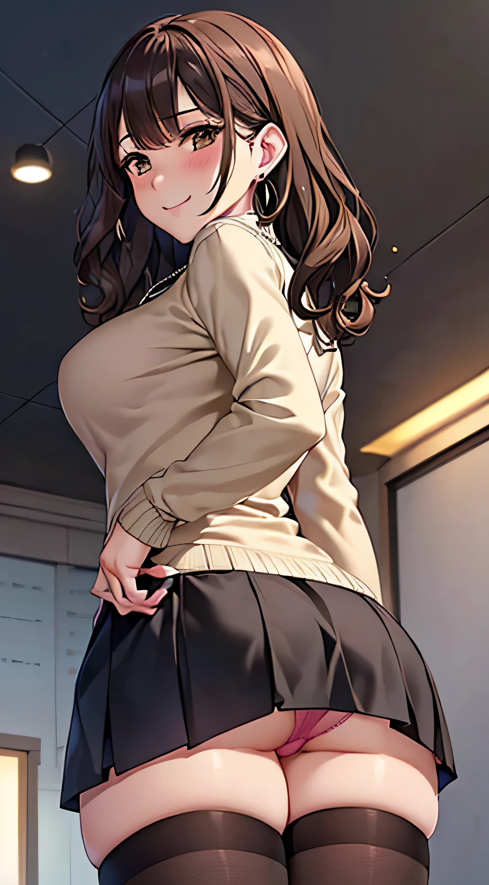 (Tabletop, highest quality, High resolution, , Pixel perfect, 4K,), 1 girl, single, alone, Beautiful woman、I could see the whole body、 ((Wavy mid-length hair, bangs, Brown Hair)), ((Brown eyes, Beautiful eyelashes, Realistic eyes)), ((Detailed face, blush:1.2)), ((Smooth texture:0.75, Realistic texture:0.65, Realistic:1.1, Anime CG Style)), Mid-chest, Dynamic Angle, Perfect body, ((, female teacher, , Earrings、necklace、Beige Turtleneck Sweater、black long flare skirt、Black knee-high stockings、、A shy smile、Put your hands behind your back、Leaning forward、Looking Back)), Looking up、、、evening、、(、Pink lace panties、、Angle from below)、