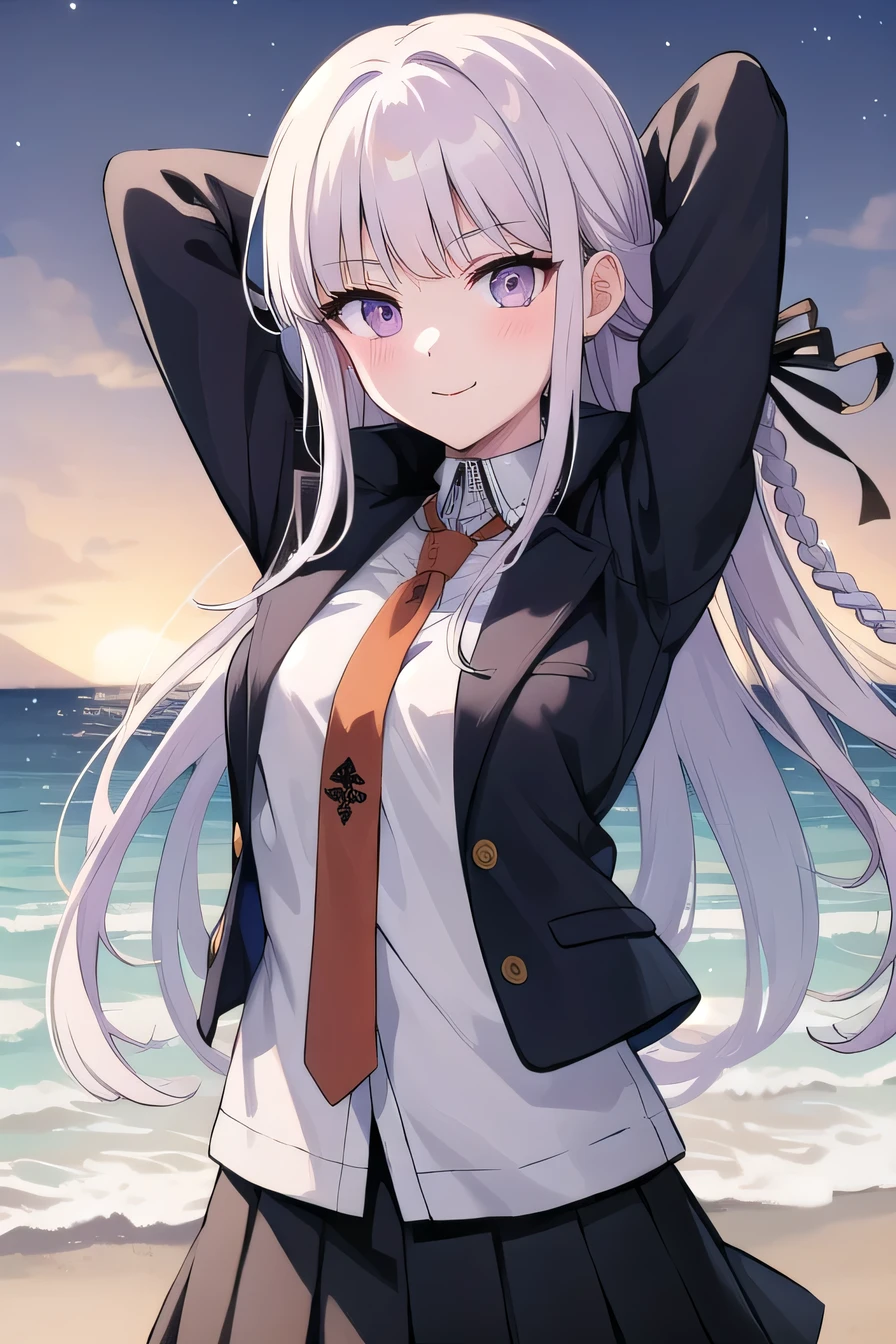 masterpiece, best quality, Kyoko, purple eyes, purple hair, long hair, braid, black gloves, purple jacket, purple skirt, brown necktie, white shirt, 1girl, closed mouth, solo, cowboy shot, night sky, beach, arms behind head, contrapposto, spread armpits, looking at viewer, best quality, smile, portrait,
