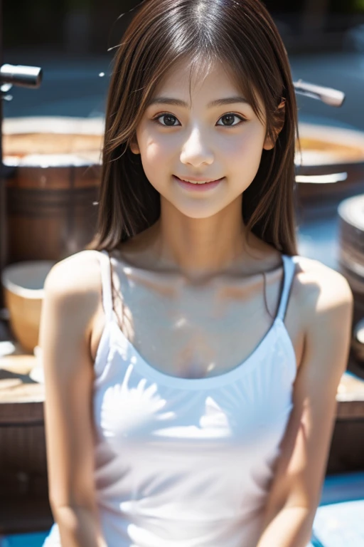 the body and face turn in the direction of the viewer, ((Towel barely)), ((Best quality)), ((masterpiece)), ((photorealistic)), ((ultra high res)), (8K raw photo), 20 years old, beautiful face, cute small_breasts, ((Perfect Face)), brunette, full shot of beautiful girls, detailed skin, detailed background, finely detailed, 8k uhd, dslr, detailed fingers, skintight, some steam, 3cute girls in a public bath,, (photo of the upper body), 最高品質、(解剖学的に正確な身体)、濡れた髪、naked towels, not NSFW,