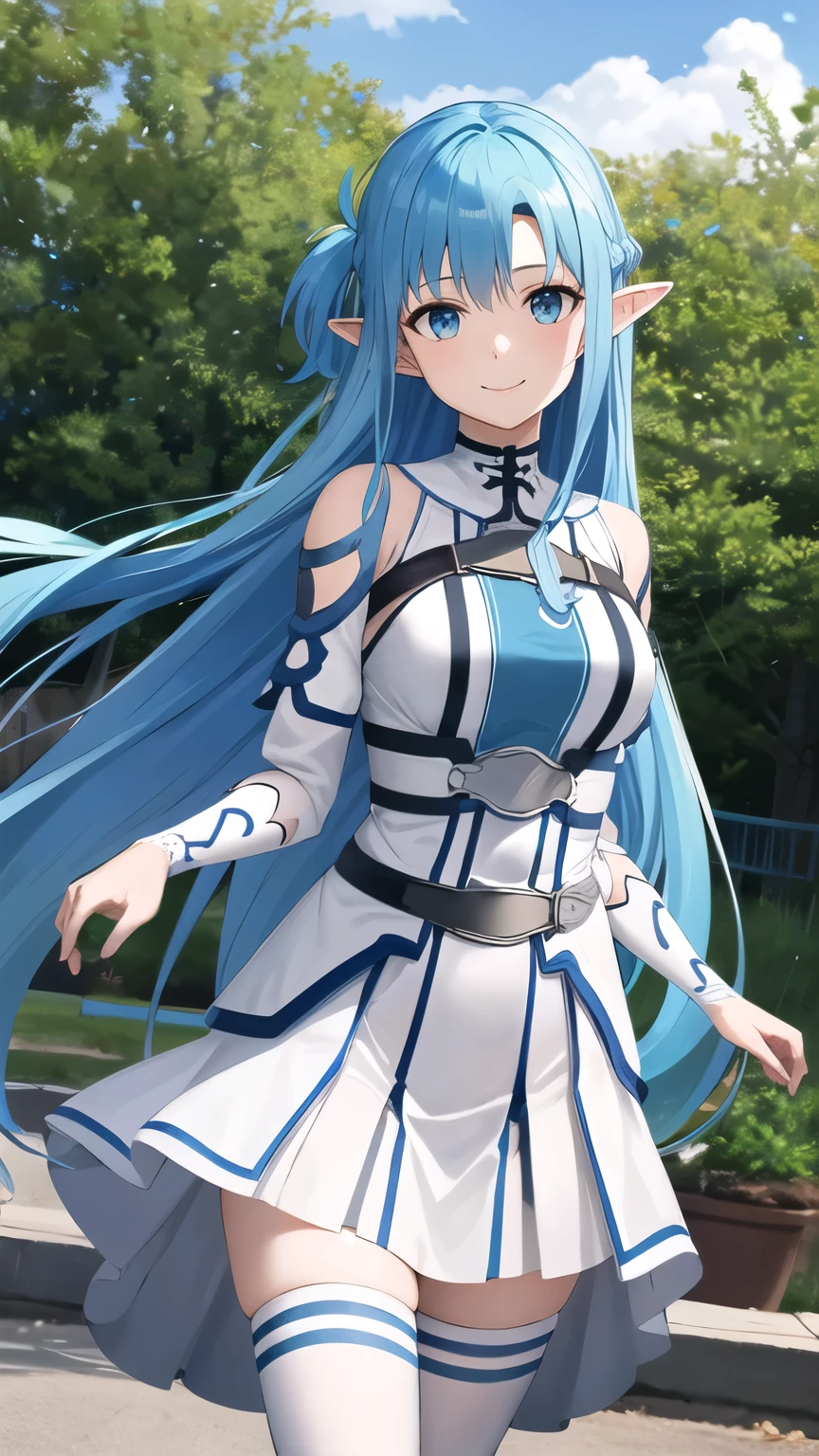 masterpiece, best quality, highres, bbasuna, long hair, blue hair, blue eyes, pointy ears, white dress, detached sleeves, blue thighhighs, standing, cowboy shot, outdoors, smile,