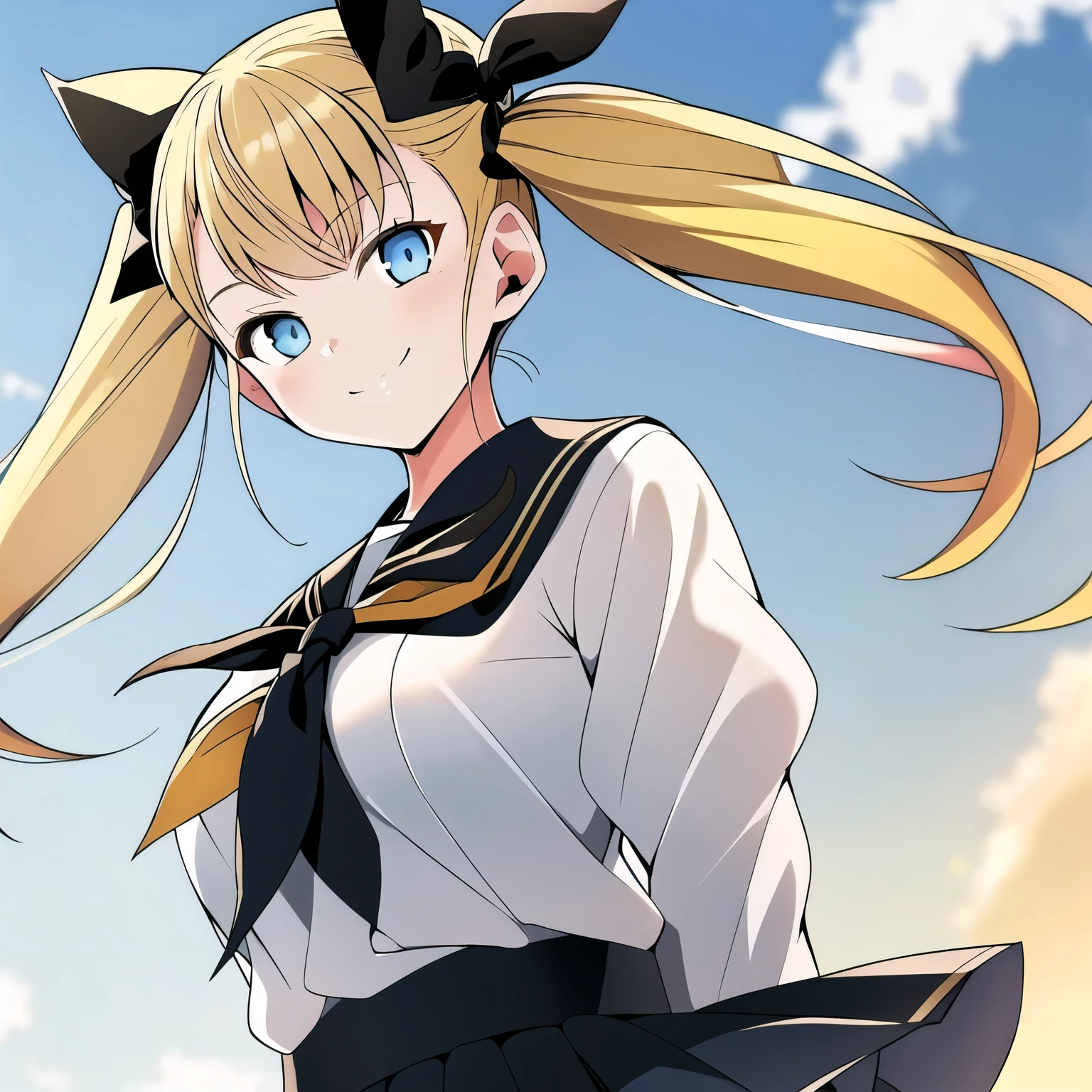 (masterpiece, top quality, very beautiful, very detailed), 1 girl, yellow hair in twin tails, black ribbon barrette, blue eyes, cat eyes, sailor uniform, big ribbon tie, emphasizes breasts, looking at camera, full body view, smiling