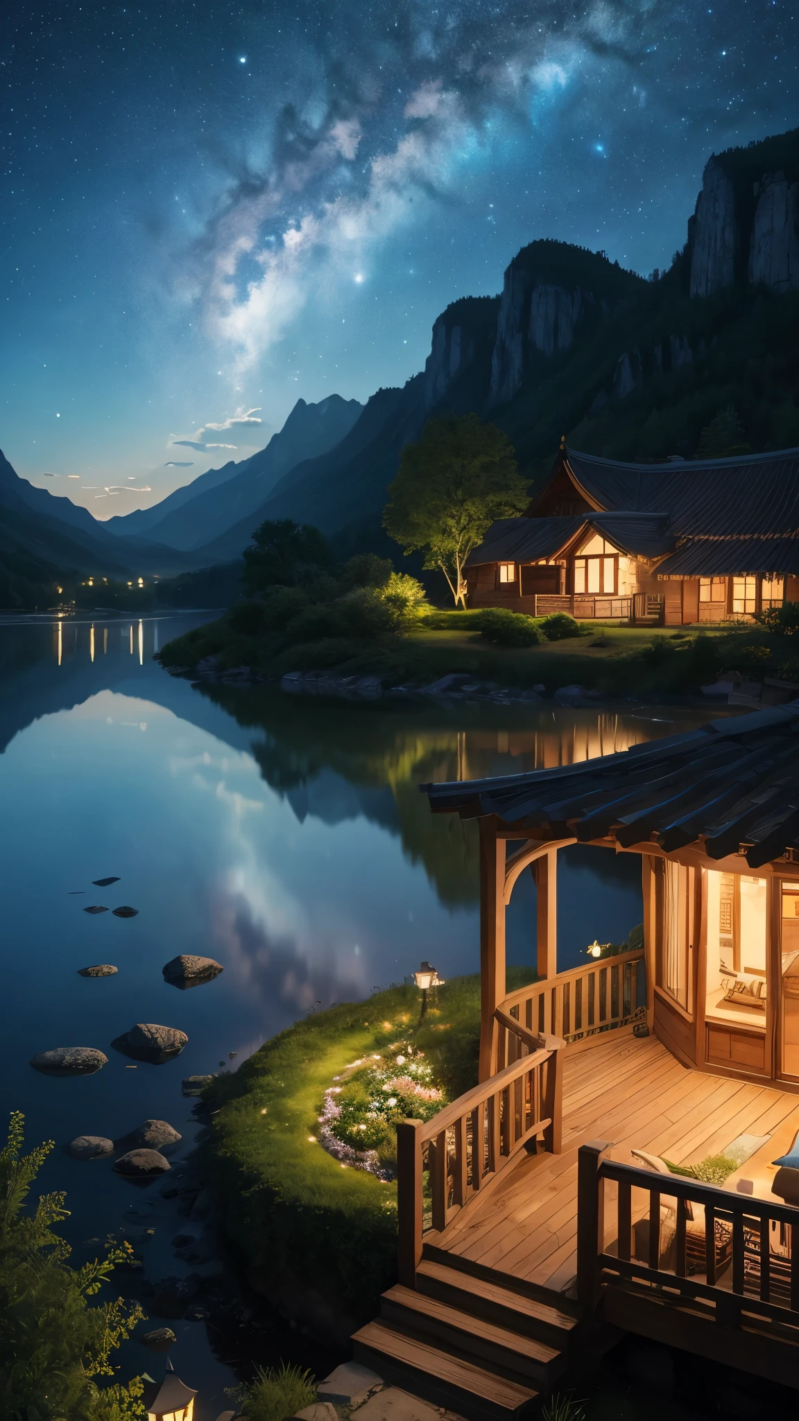 A masterpiece from EbonyGoldAI, 最high quality, high quality, High resolution, (((Beautifully detailed skies))), growなeur, Cottage, growな(grow, wonderful), vision(View), wonderful光景, High resolution, ((Best Shadow)), Realistic, nature, scenery, cloud, Mountain, Grass, rock, hill, cliff, wood, Sidewalk, Background only, Night Sky, moonlight, ((Super detailed)), (Best illustrations), ((Very delicate and beautiful)), Dynamic Angle, river, Trail, bench, Highest quality, quiet, far_Away
